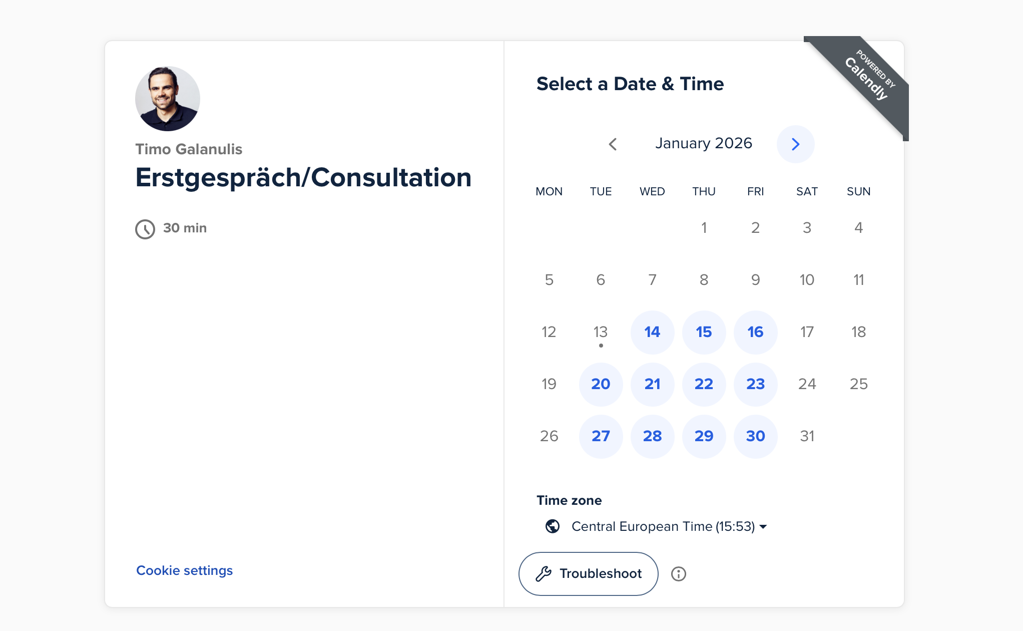Screenshot einer Online-Terminbuchungsseite für eine Erstgesprächsberatung, mit Profilbild eines Mannes, Name Timo Galanulis, Dauer 30 Minuten, Kalenderansicht für Januar 2026, ausgewähltes Datum ist der 14. Januar, Zeitzone Central European Time