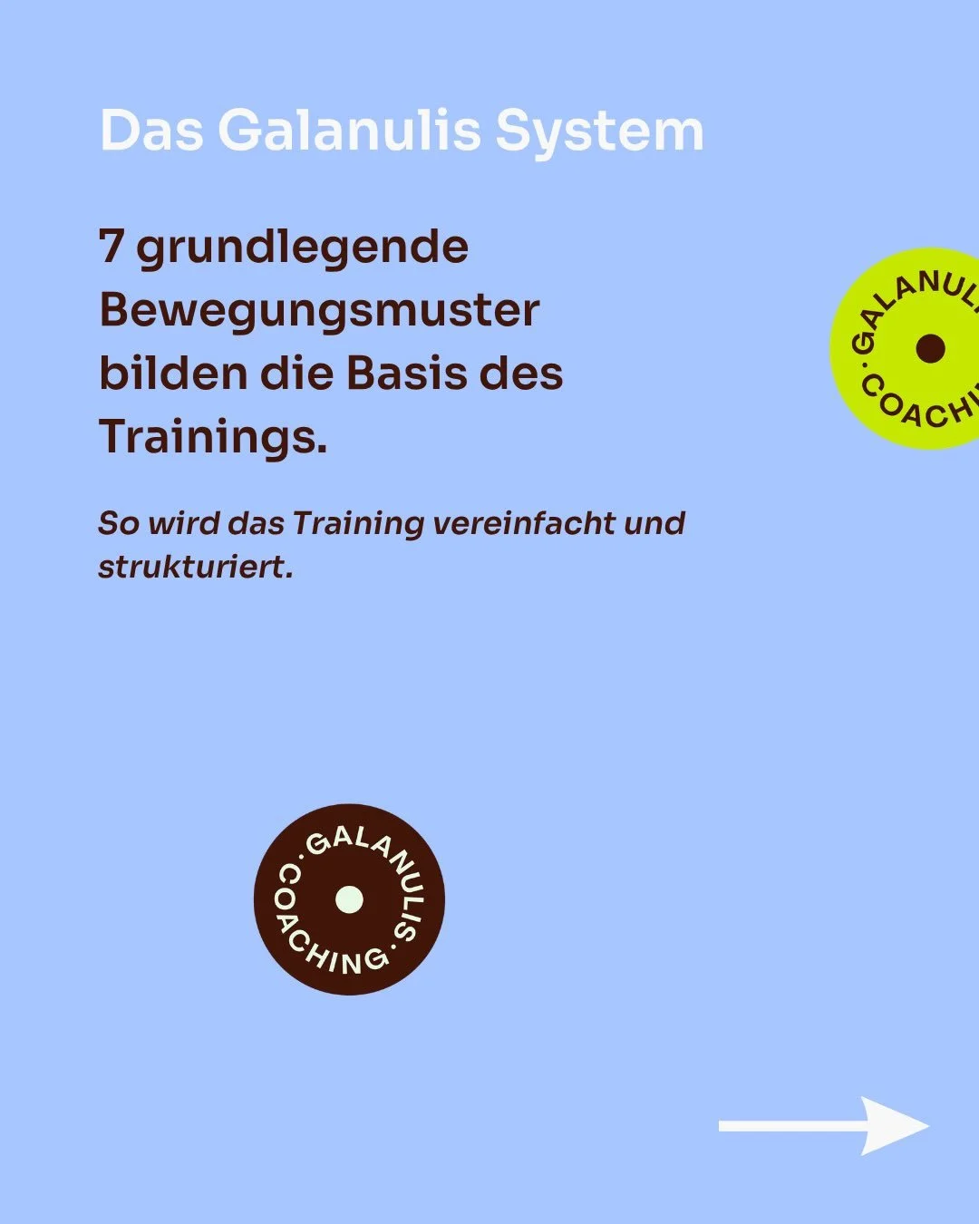Training muss nicht kompliziert sein.

Das Galanulis System soll Training verst&auml;ndlicher, strukturierter und alltagsn&auml;her machen.

Statt den K&ouml;rper in einzelne Muskelgruppen zu zerlegen, orientieren wir uns zuerst an den grundlegenden 