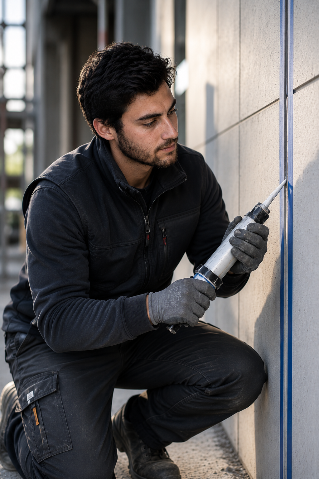 Ein Mann mit dunklen Haaren und Bart kleidet sich in dunkler Arbeitskleidung und trägt Handschuhe, während er eine Silikonkartusche festhält, um möglicherweise eine Dichtungsarbeit an einer Wand durchzuführen.