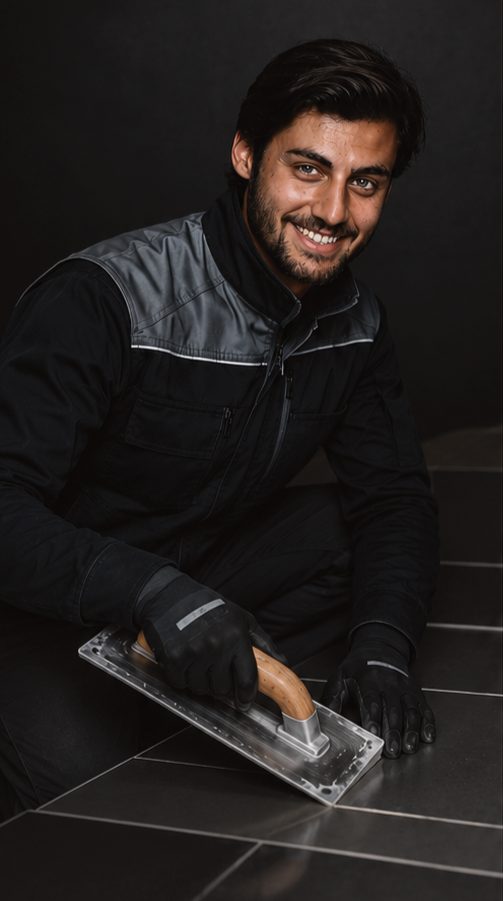 Ein Mann beim Fliesenlegen, er verlegt Fliesen auf dem Boden. Er trägt einen schwarzen Arbeitshandschuh und eine schwarze Jacke mit grauen Schulterabschnitten.