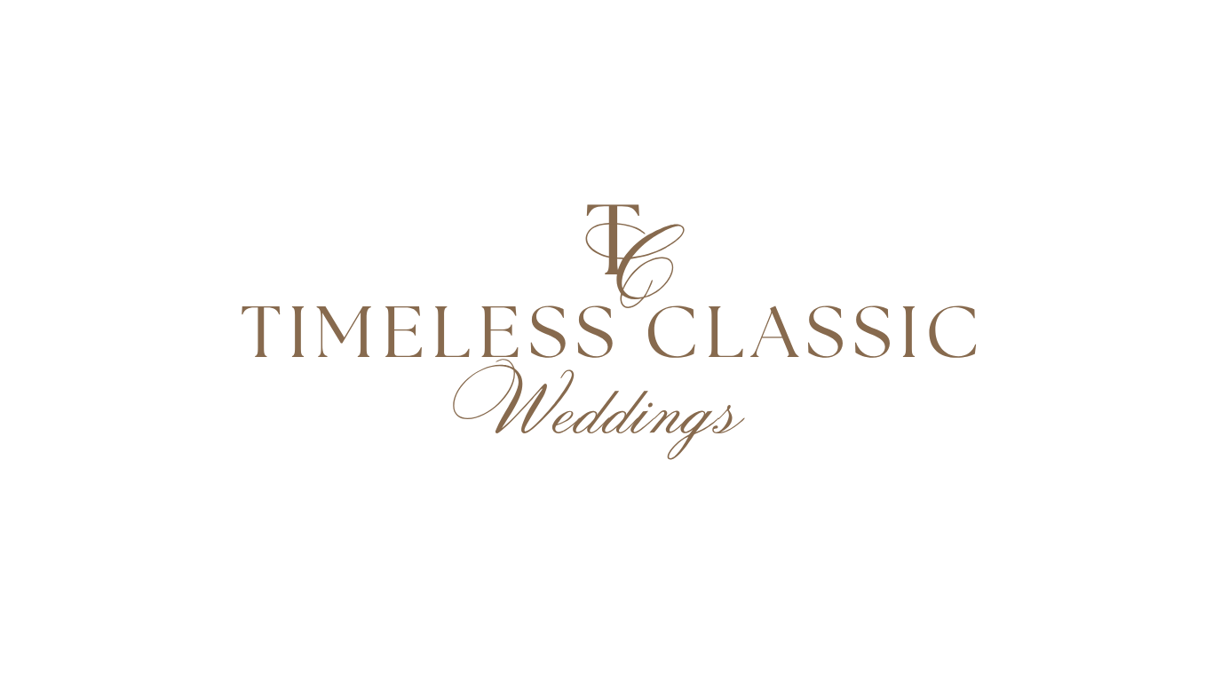 Logo for Timeless Classic Weddings with initials TC, featuring a black background, and brown serif and cursive text.