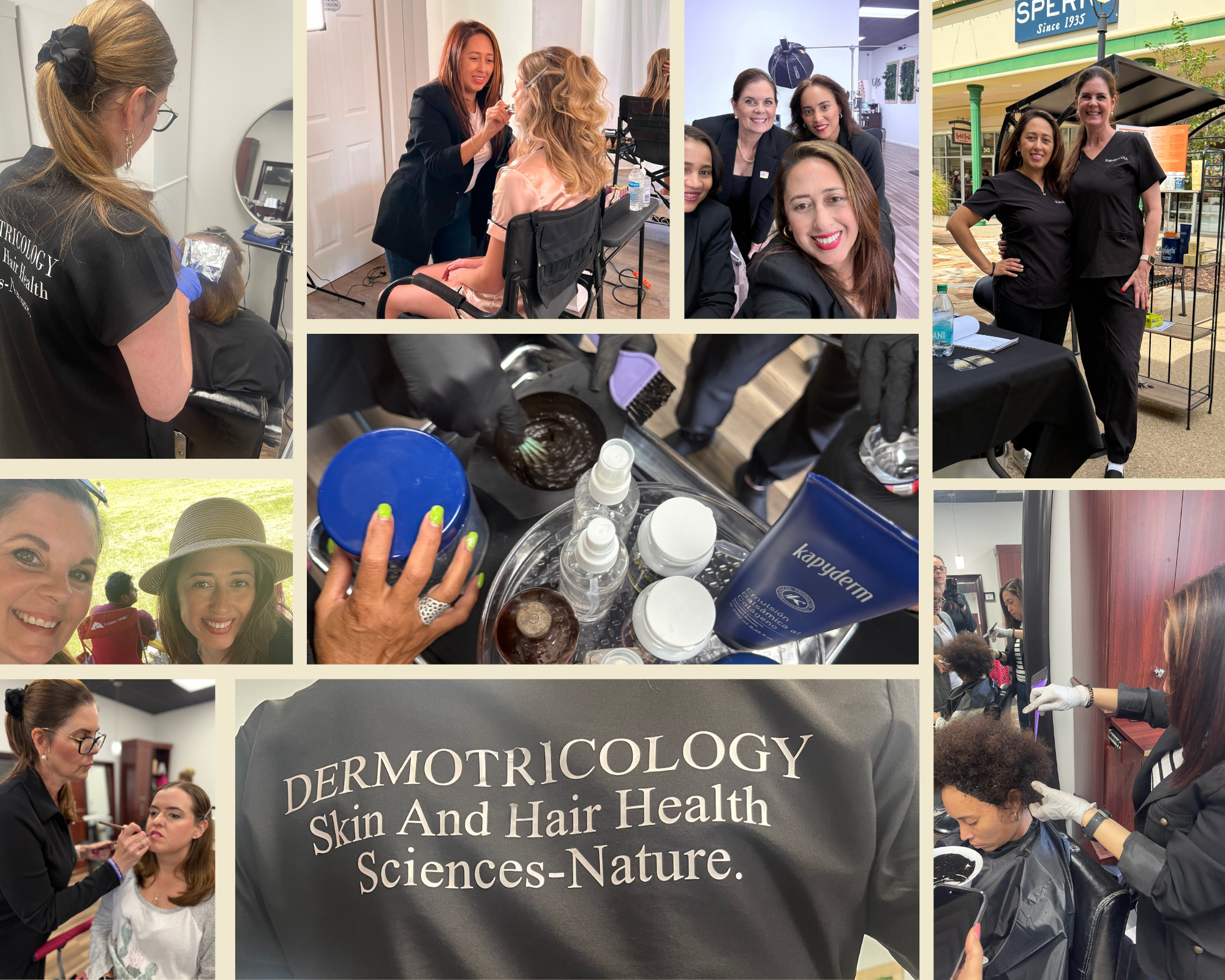 A collage of images showing women at a dermatology event, including a woman getting her makeup done, a patient with a dermatologist, women smiling and posing outdoors, a tattoo removal procedure, and various skincare and dermatology products.