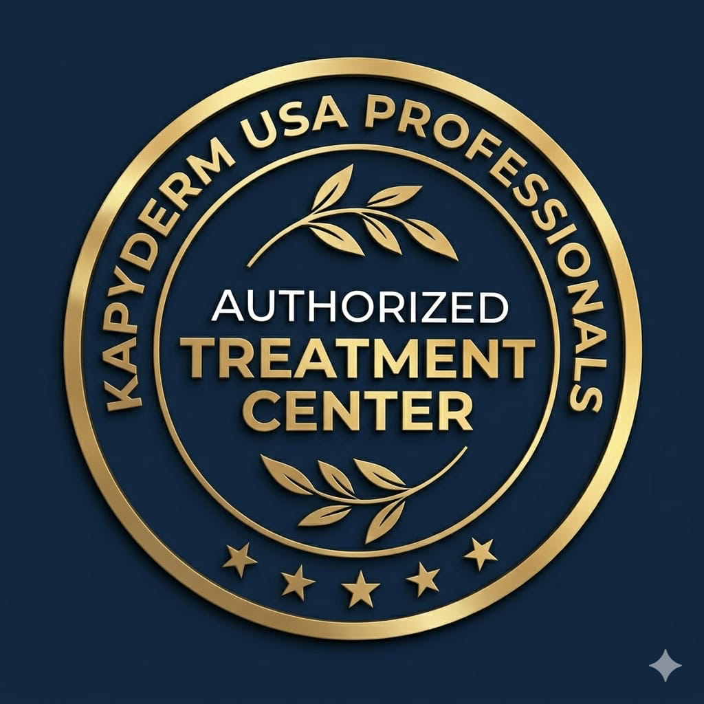 A circular badge with a dark blue background and gold border and text. It reads "Licensed USA Professional" at the top, "Authorized Treatment Center" in the center, and has gold leaves and stars decorating the design.