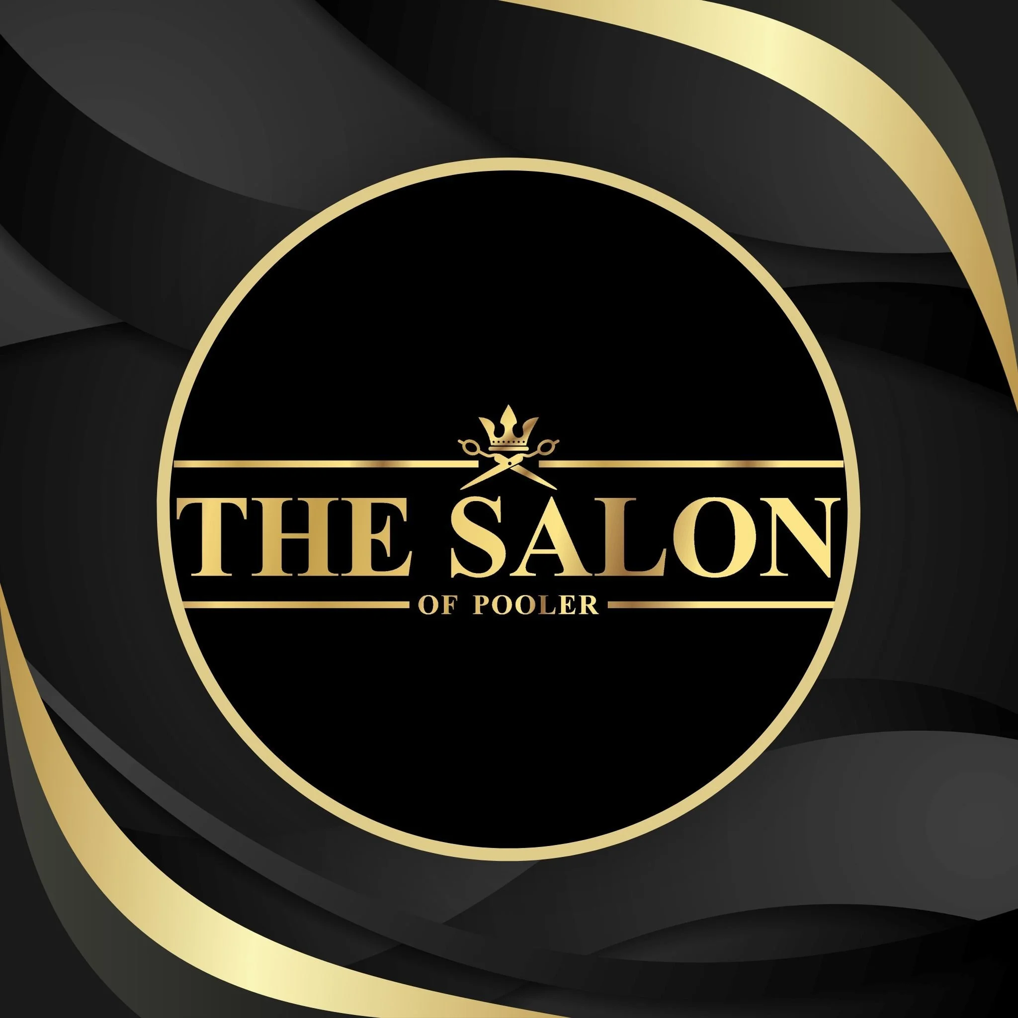 A black and gold logo for 'The Salon of Pooler' featuring a crown and scissors icon.