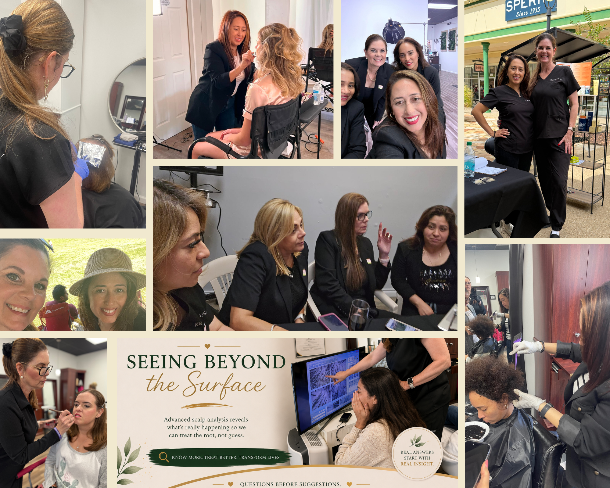 Collage of women at a professional event or conference, engaging in activities like makeup application, discussing, and receiving skincare treatment, with a sign that reads 'Seeing Beyond the Surface'.