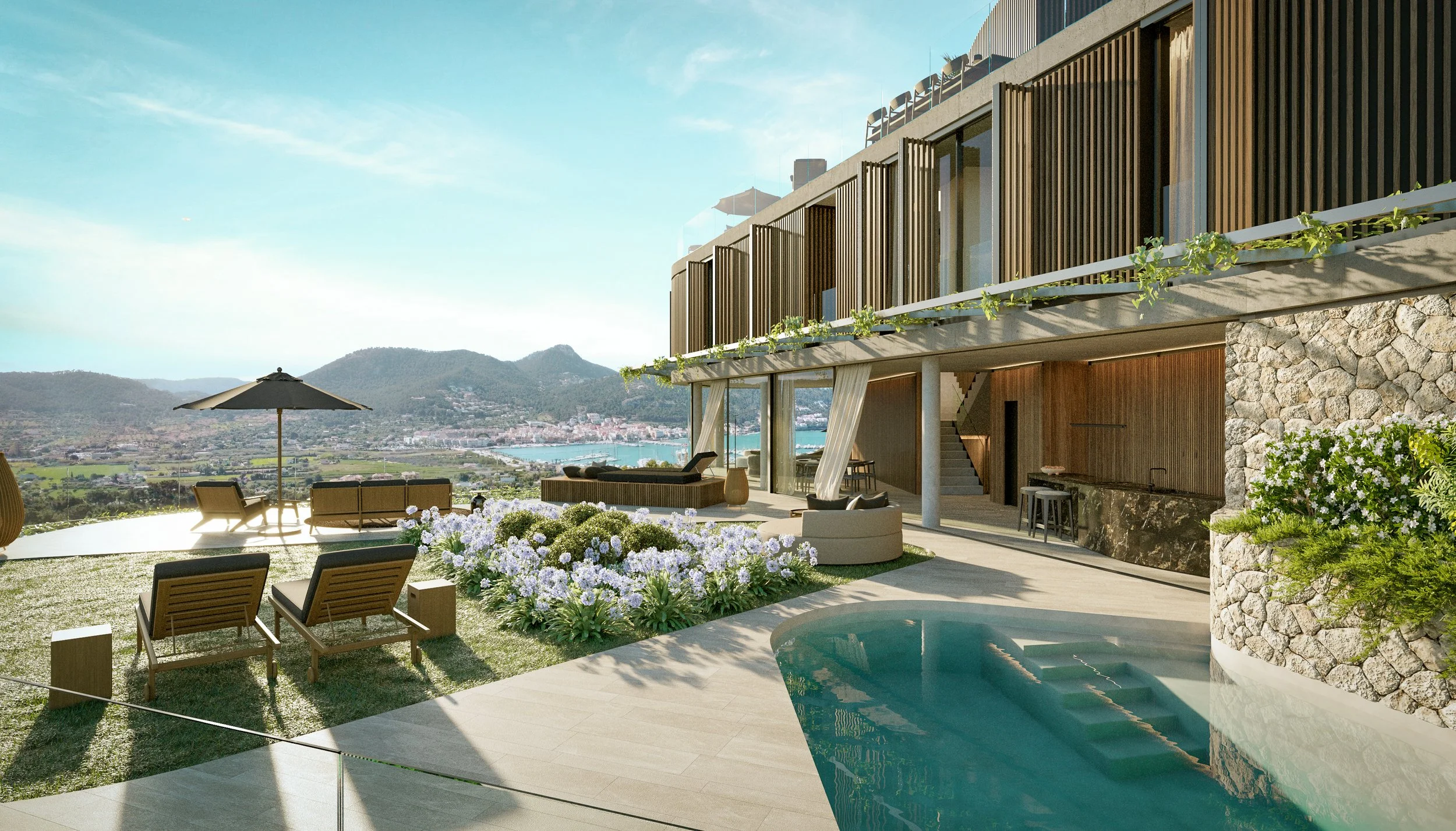 Modernes Haus mit Terrasse und Blick auf Berge, Garten mit Blumen, Liegestühle, Sonnenschirm, Pool und Sessel.