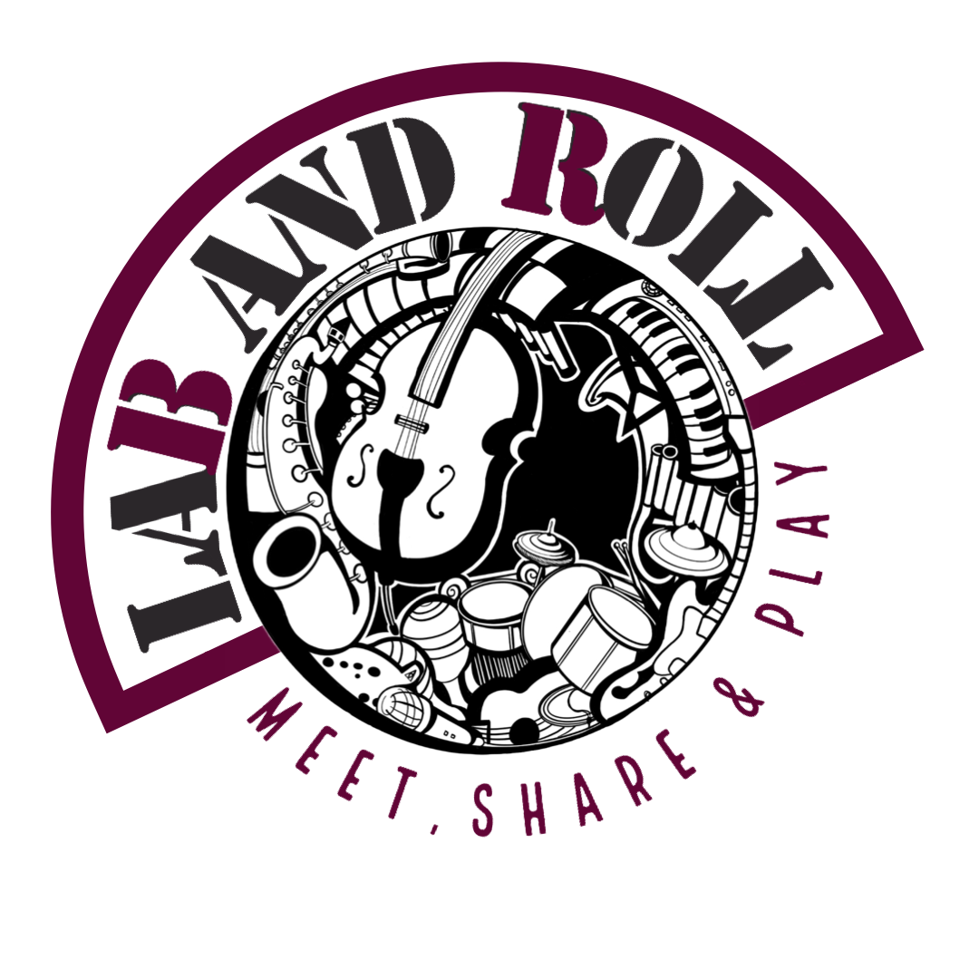 Logo circolare con strumenti musicali di "The Lab and Roll"