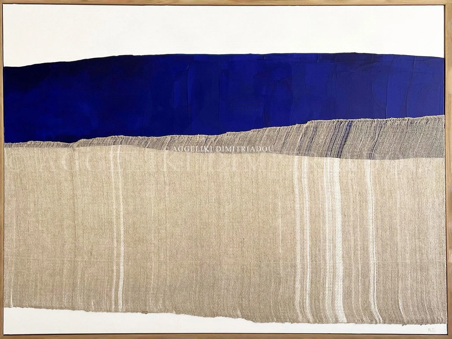 Horizons VI (2022) by Aggeliki Dimitriadou. Large-scale linen weaving over blue and white acrylic on canvas (90x120cm). A minimalist fiber art composition reflecting the serenity of an abstract horizon.