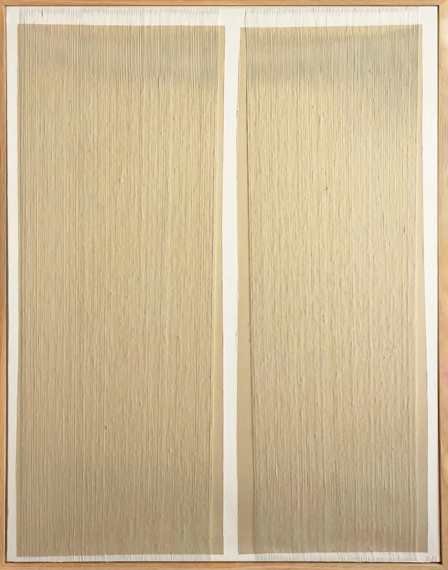 Abstract mixed media painting "Innocence VI" by Aggeliki Dimitriadou, featuring two large rectangular fields densely covered with vertical white threads, separated by a central white line on a warm neutral background.