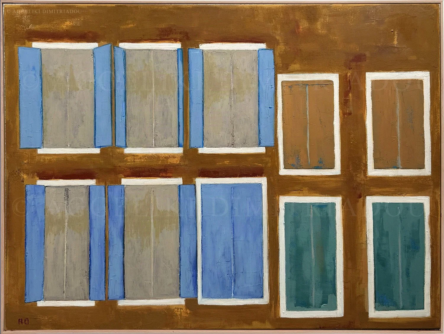 Contemporary abstract artwork Le Finestre from the Venice Collection by Aggeliki Dimitriadou, featuring layered textures created with acrylic paint, oil pastels, and dry pastels on canvas.