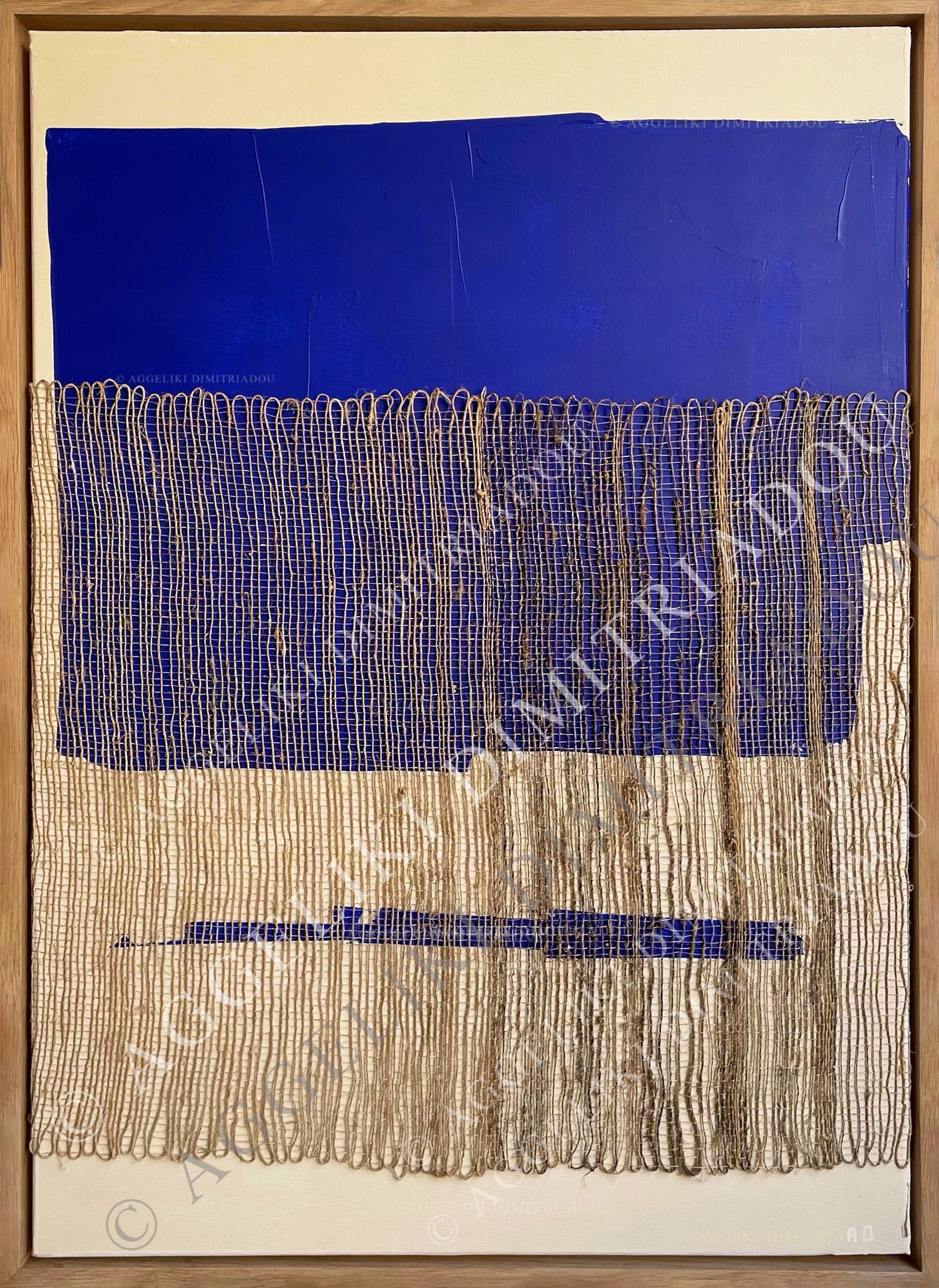 Abstract mixed media artwork "Synthesis IV" by Aggeliki Dimitriadou, featuring a custom hemp weaving with decorative loops over a bold blue and white acrylic background on canvas.