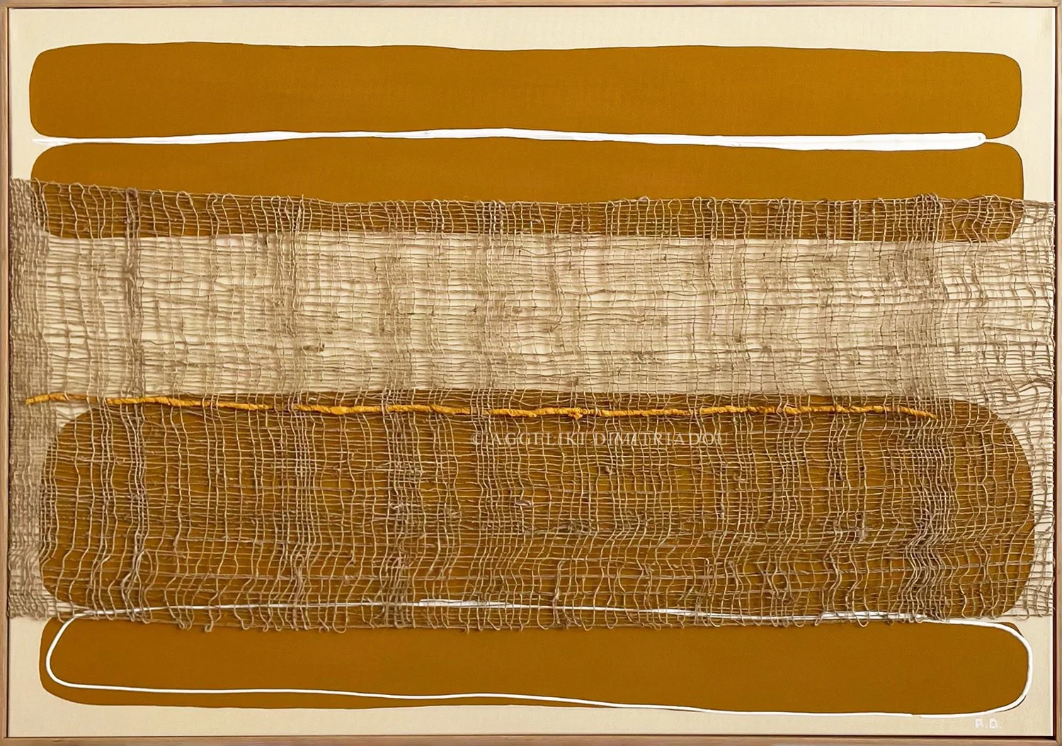 Thira Series 2, No. 3 by Aggeliki Dimitriadou. Fiber art for Nobu Santorini. The vertical gap in the weaving creates a dialogue with the yellow acrylic background.