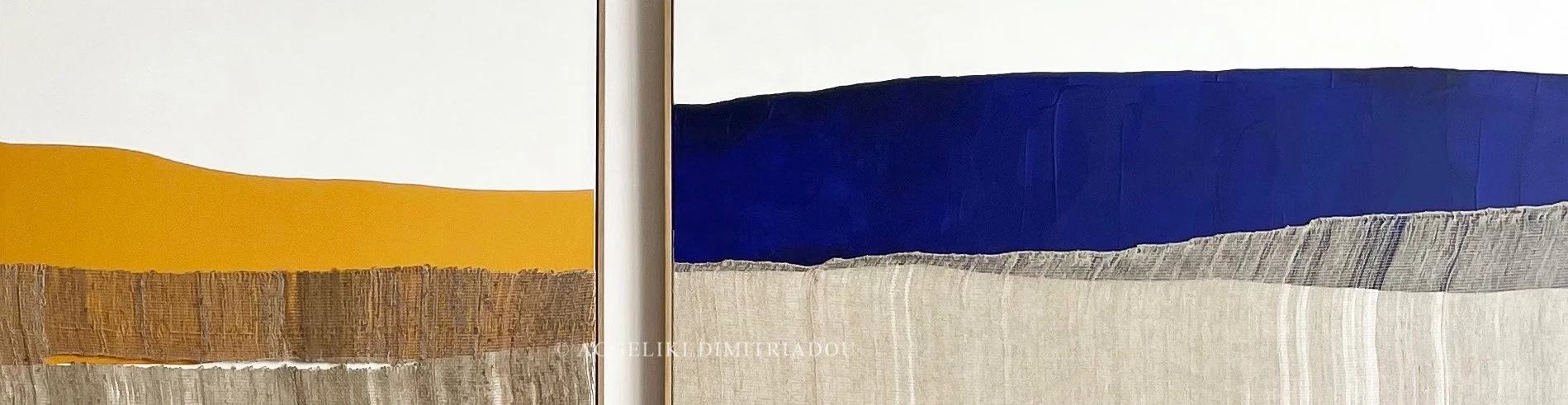 The "Horizons" series by Aggeliki Dimitriadou. A macro detail of two large-scale mixed media works featuring hand-woven linen and nettle fibers on acrylic canvas. A contemporary exploration of abstract landscapes and textile textures.