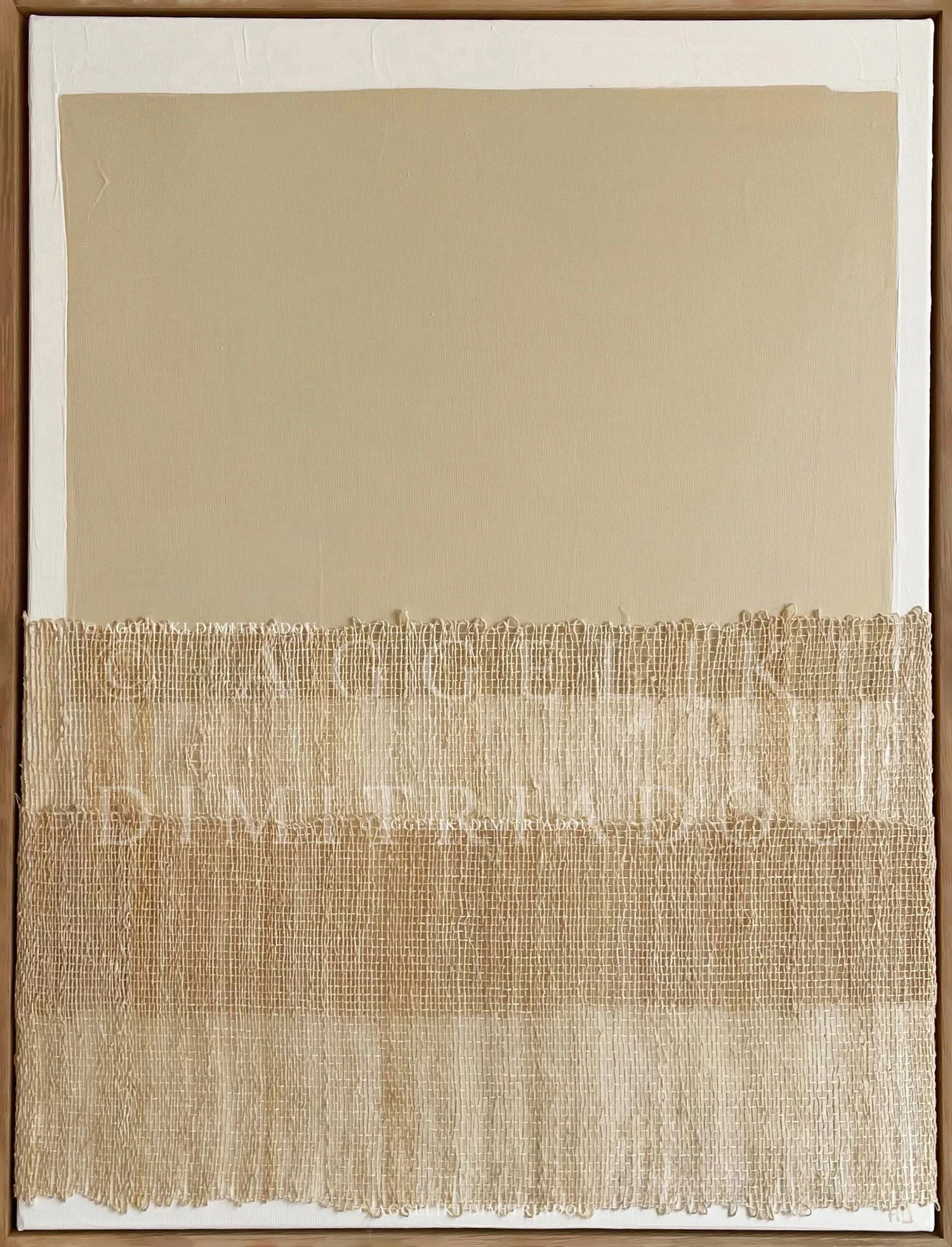 Mixed media abstract painting from the "Polymorphism" series by Aggeliki Dimitriadou. Features a beige acrylic color field contrasted with two layers of hand-woven natural hemp weaving on canvas.