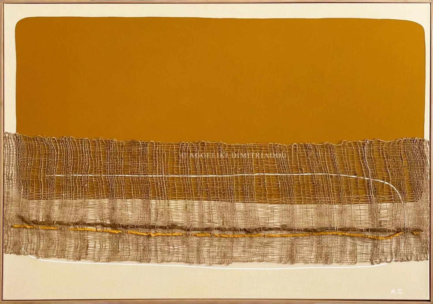 Thira Series 2, No. 7 by Aggeliki Dimitriadou. Hand-woven hemp and silk on canvas, 70x100cm. The final piece of Series 2 featuring the characteristic vertical gap.