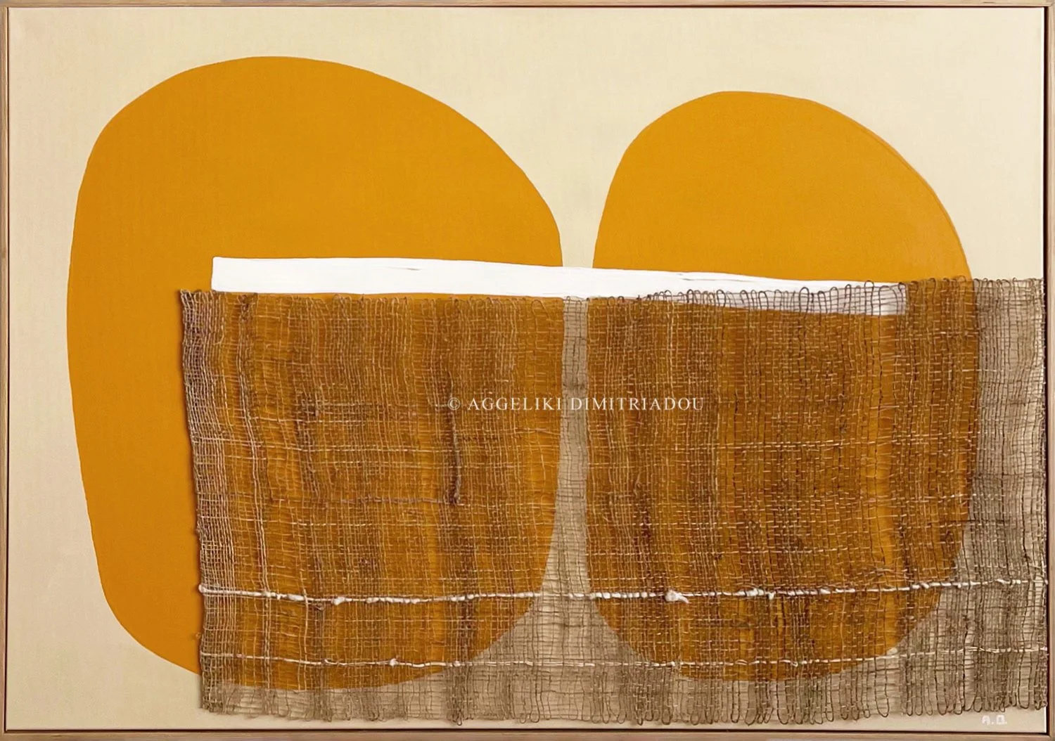 Thira 2022, Abstract VII by Aggeliki Dimitriadou. Circular yellow ochre motif and white horizontal line on canvas, integrated with a central hand-woven piece.