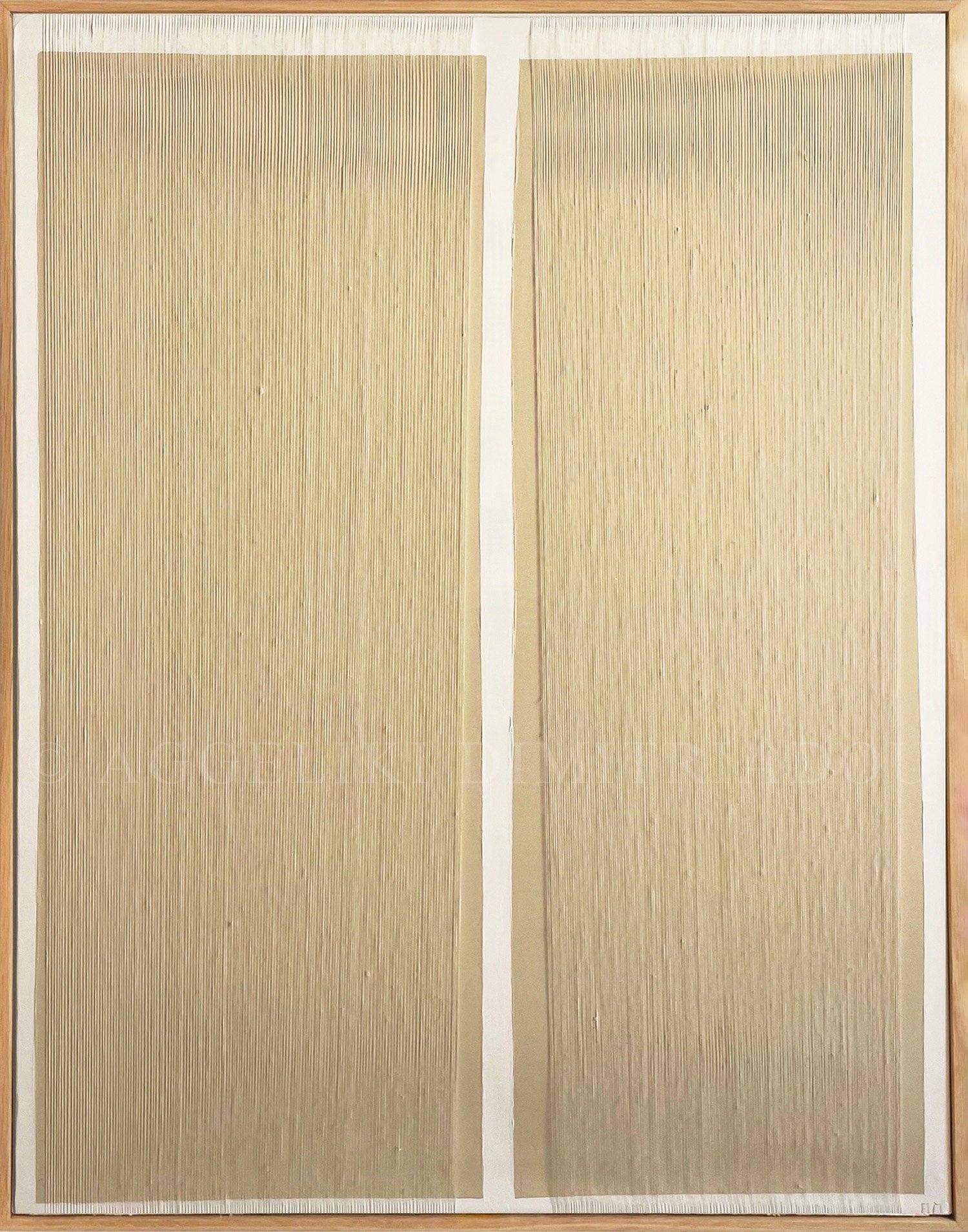 Abstract mixed media painting "Innocence VI" by Aggeliki Dimitriadou, featuring two large rectangular fields densely covered with vertical white threads, separated by a central white line on a warm neutral background.