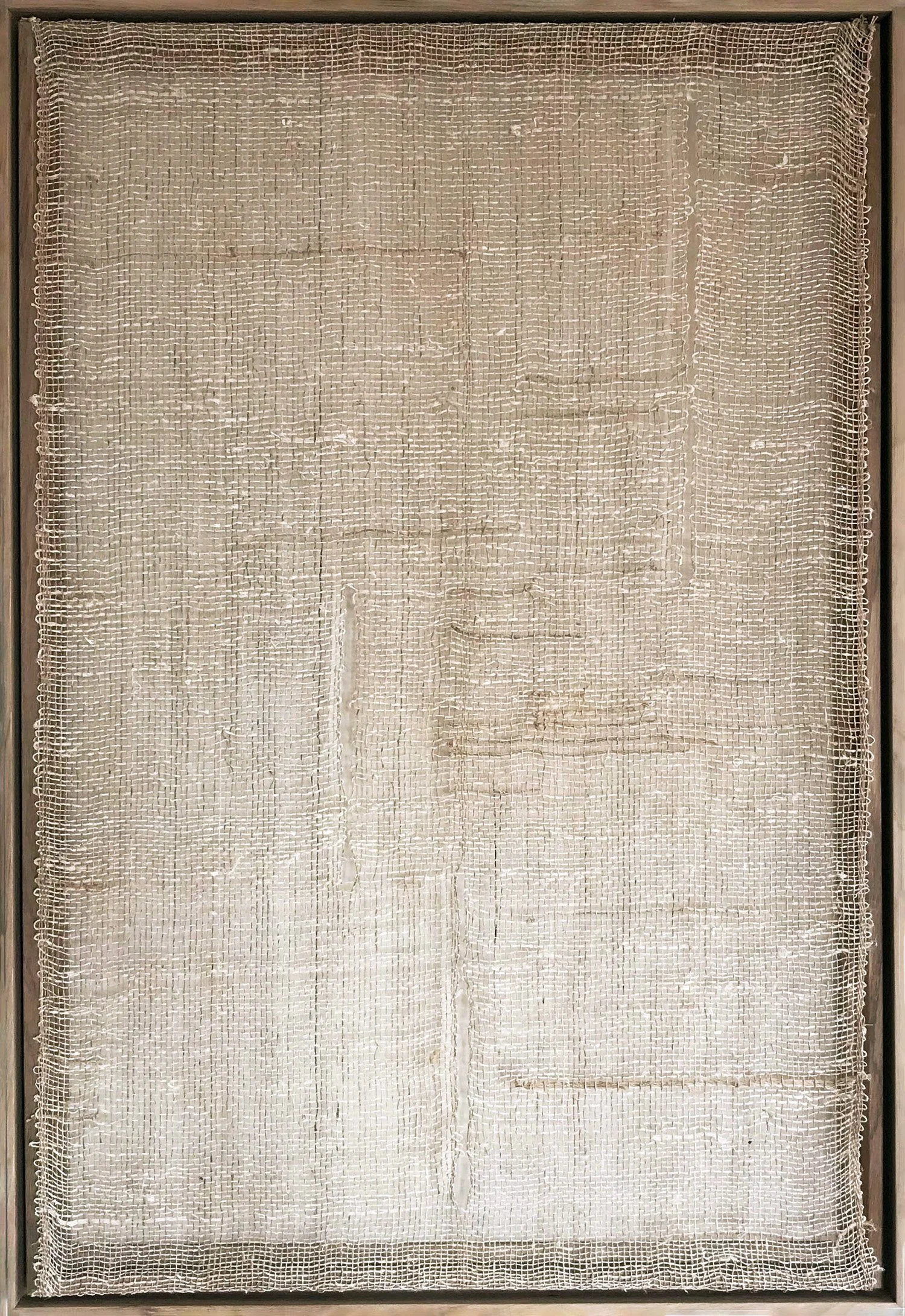 Gap II by Aggeliki Dimitriadou. Original hemp weaving on frame. This piece explores the concept of the "gap" through the negative space between the hand-woven fibers.