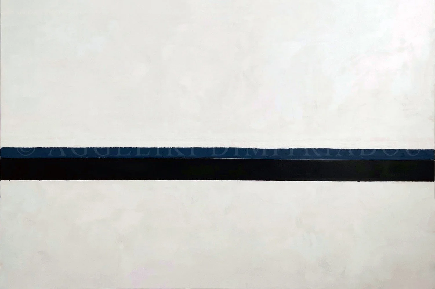 Minimalist seascape painting titled 'Between Sky and Sea' by Aggeliki Dimitriadou, featuring a prominent dark blue horizontal line dividing soft off-white spaces.