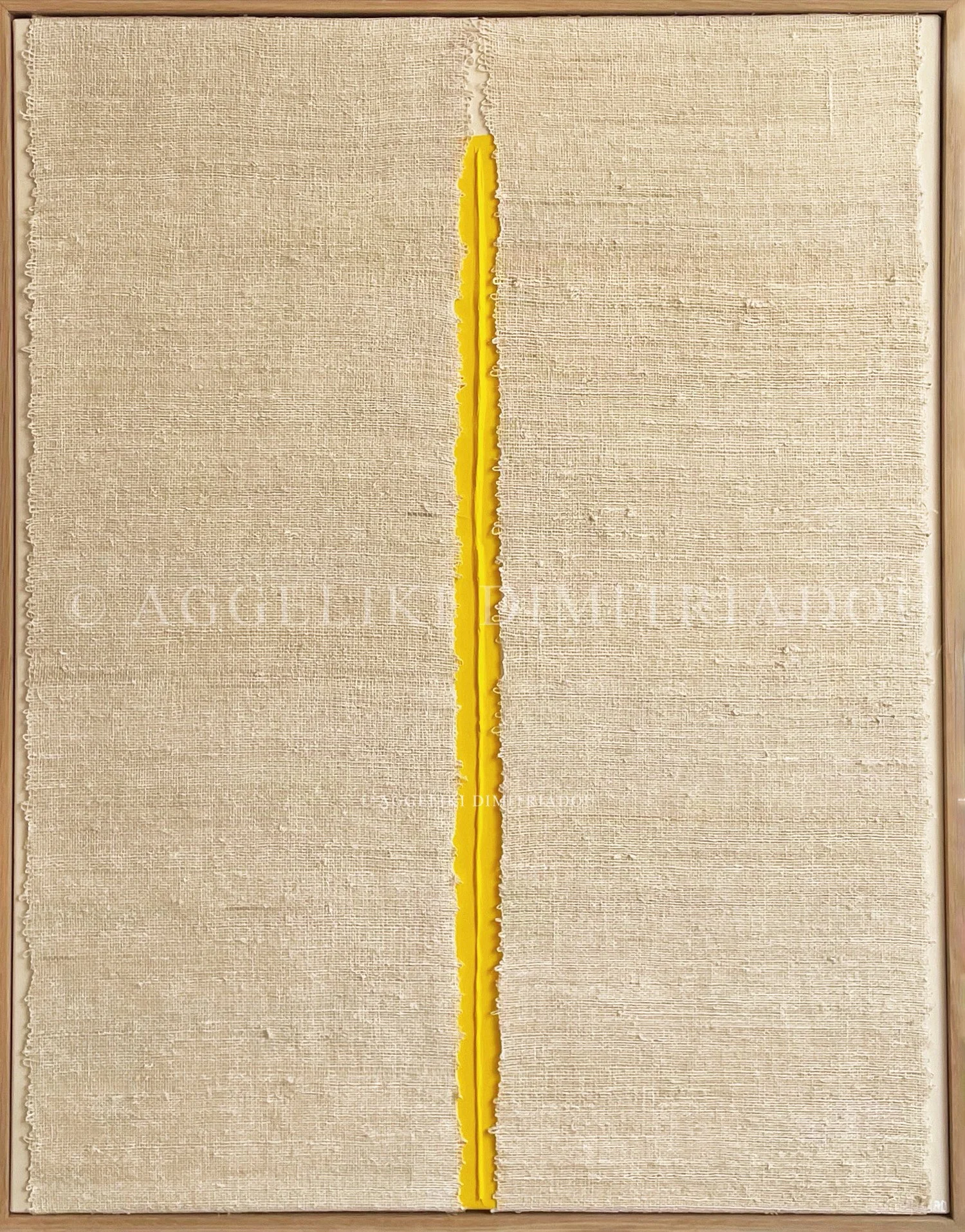 Gap XI by Aggeliki Dimitriadou. Hand-woven hemp fiber over a vibrant yellow acrylic background on canvas. Intersection of traditional weaving techniques and modern abstract painting.