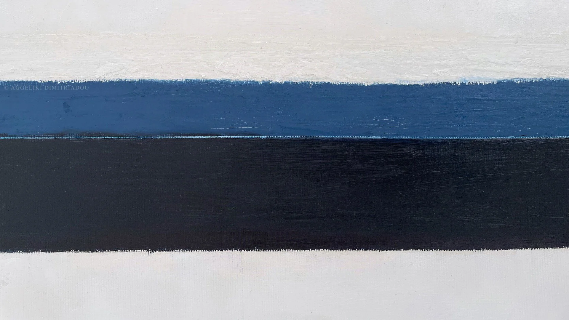'Between Sky and Sea' abstract oil pastel: Bold horizontal bands of deep blue and black on a white textured background by Aggeliki Dimitriadou.
