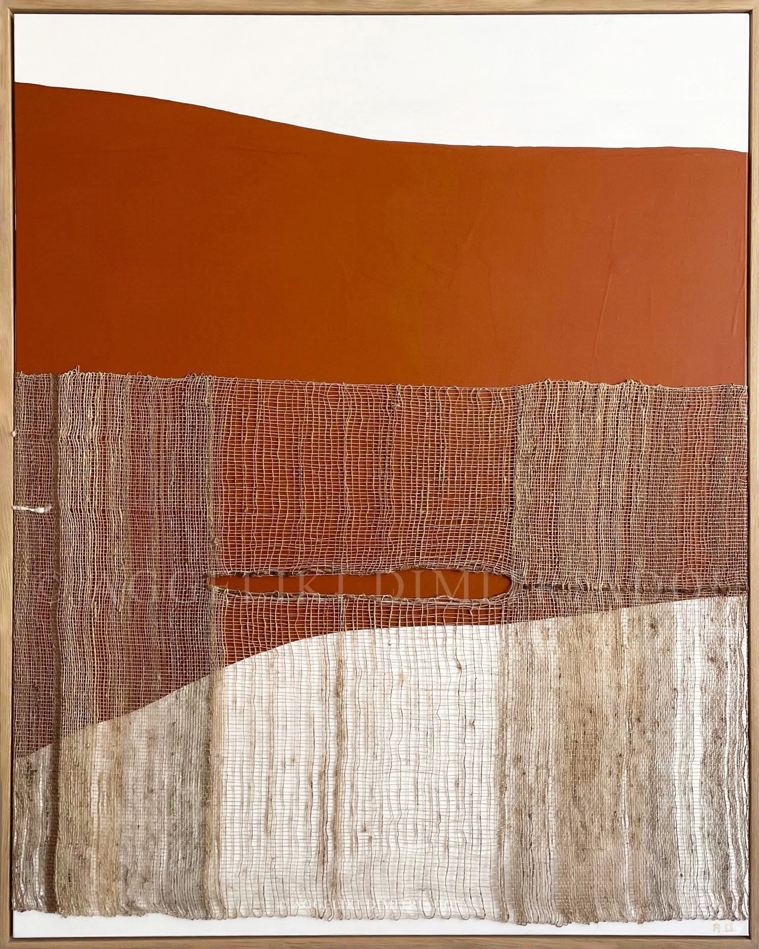 Horizons IV (2022) by Aggeliki Dimitriadou. Nettle weaving over terracotta and white acrylic on canvas (80x100cm). A mixed media fiber art piece featuring organic stinging nettle textures and minimalist horizon lines.