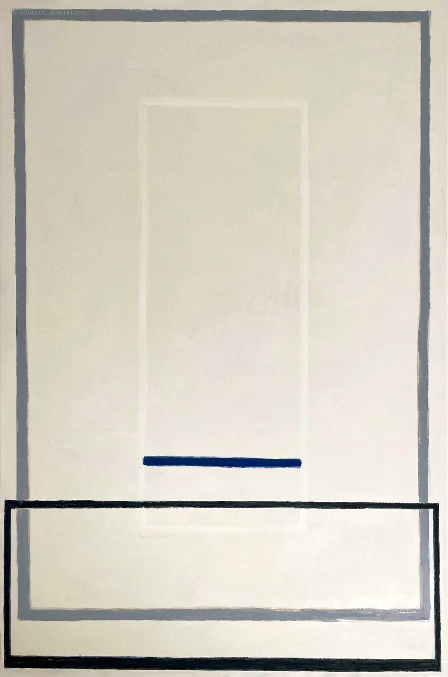 Minimalist abstract painting 'A Window to the Sea' by Aggeliki Dimitriadou. Features a pale white field with a vibrant blue horizontal line and geometric grey-blue outlines.