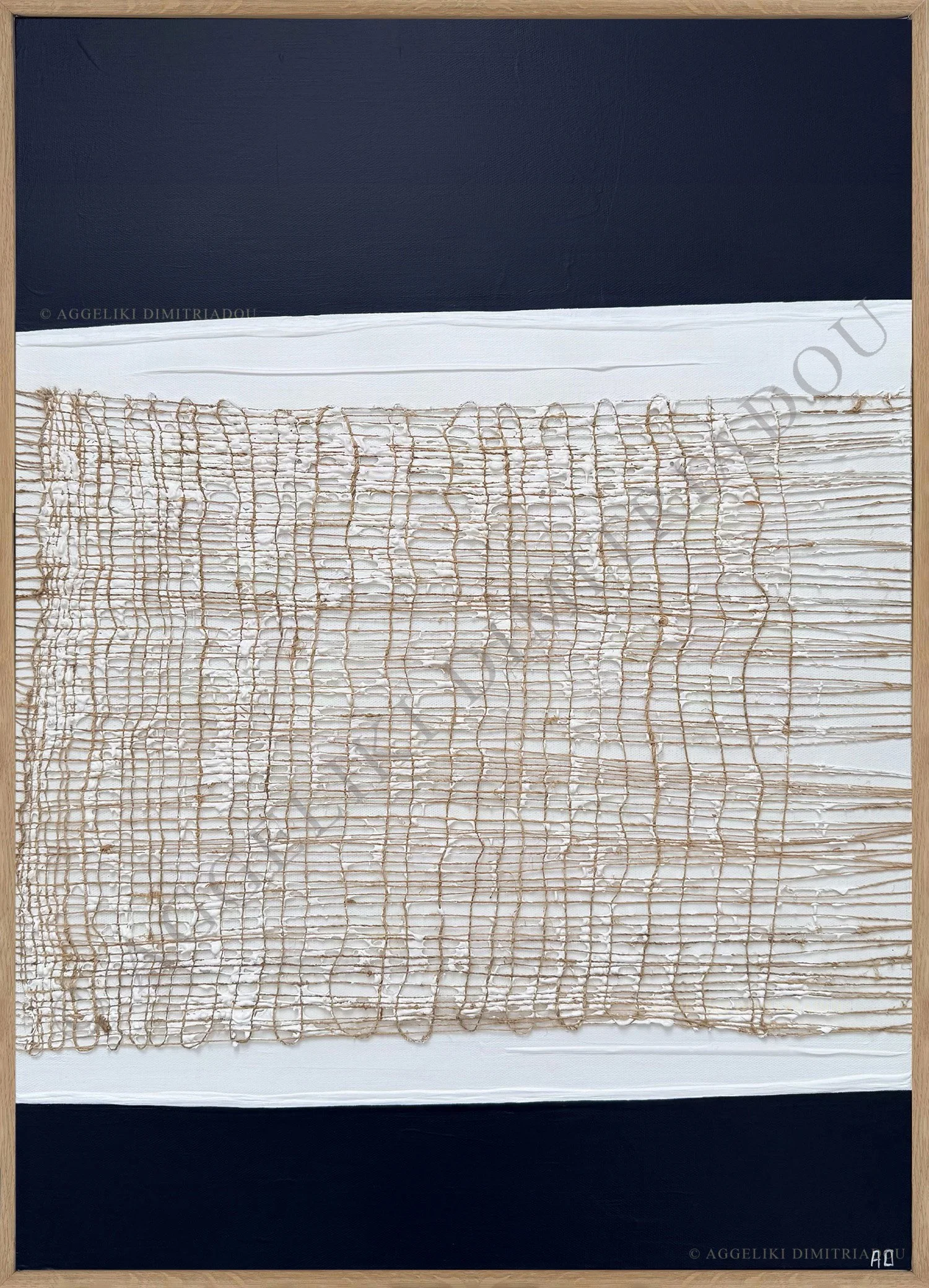 Minimalist mixed media painting "Looking for the exit I" from the Synthesis series by Aggeliki Dimitriadou. A central horizontal band of textured hemp weaving is layered over white and framed by deep navy blue acrylic fields on canvas.