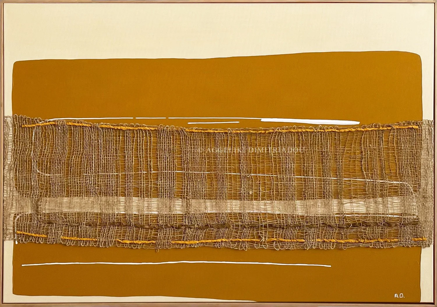 Thira Series 2, No. 6 by Aggeliki Dimitriadou. Minimalist fiber art commission for Nobu Hotel Santorini. Hand-woven textile over yellow acrylic.
