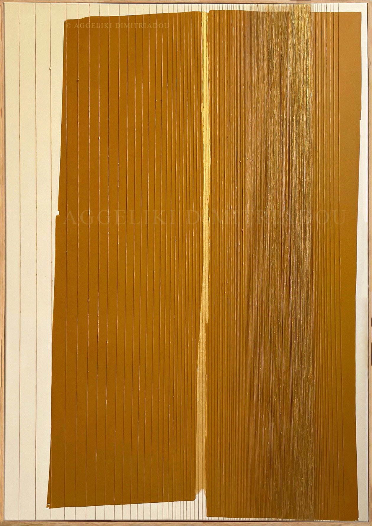 Mixed media painting "Dialogues V" (2023) by Aggeliki Dimitriadou. A minimalist vertical arrangement where a thin gold acrylic strip is accompanied by natural linen yarn on a layered background of earthy brown and beige tones, 70x100 cm.