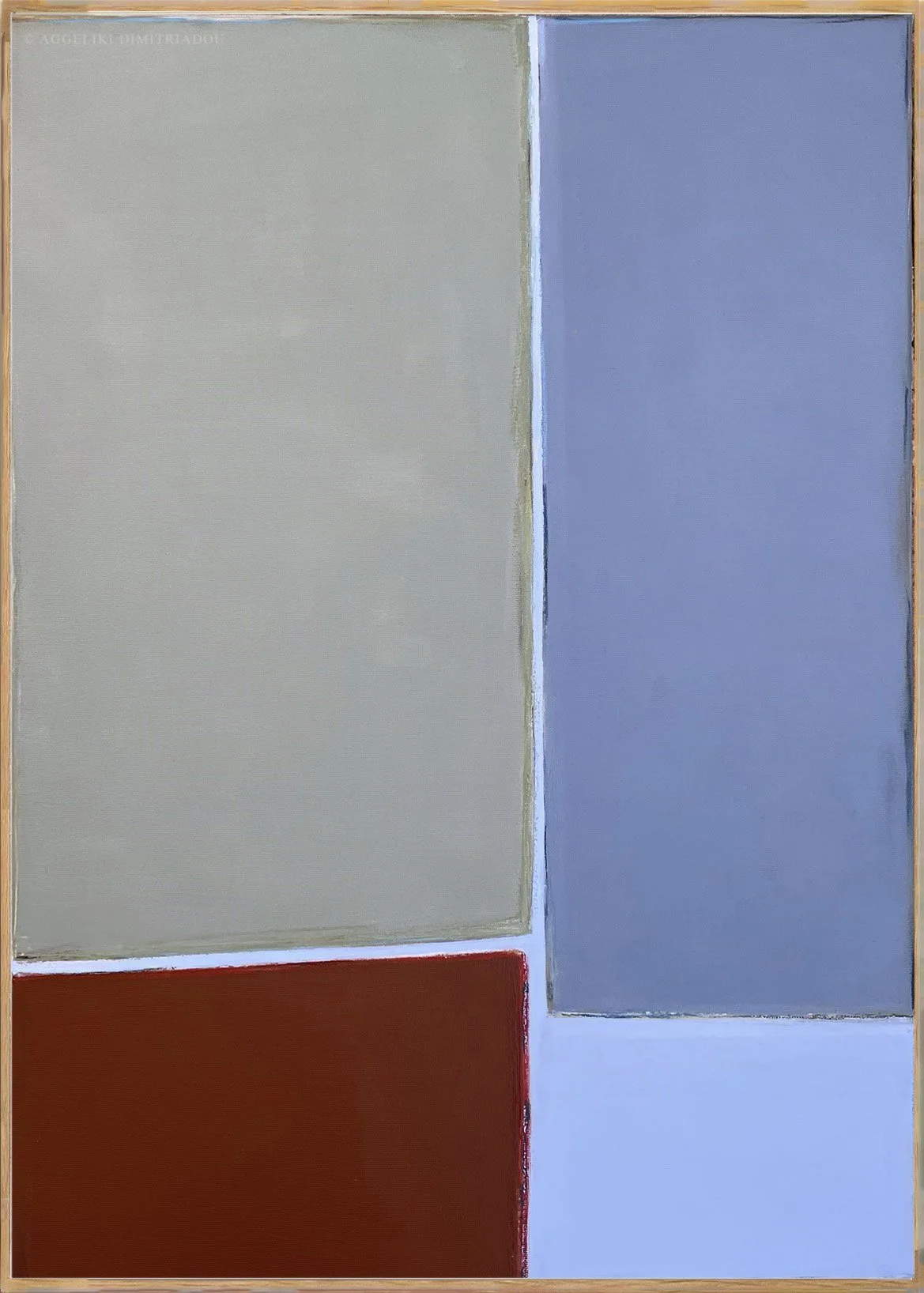 Minimalist abstract painting from the 'Traces' series by Aggeliki Dimitriadou. Mixed media with acrylics and oil pastels on canvas, featuring a textured composition with linear elements and muted tones.