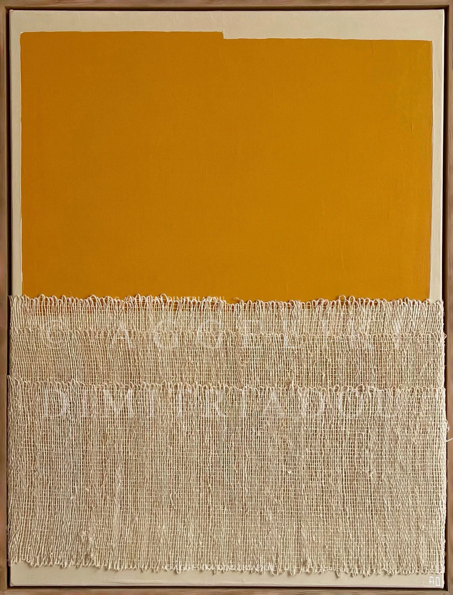 Mixed media abstract painting from the "Polymorphism" series by Aggeliki Dimitriadou. Features a yellow orange acrylic color field contrasted with three layers of hand-woven natural hemp weaving on canvas.