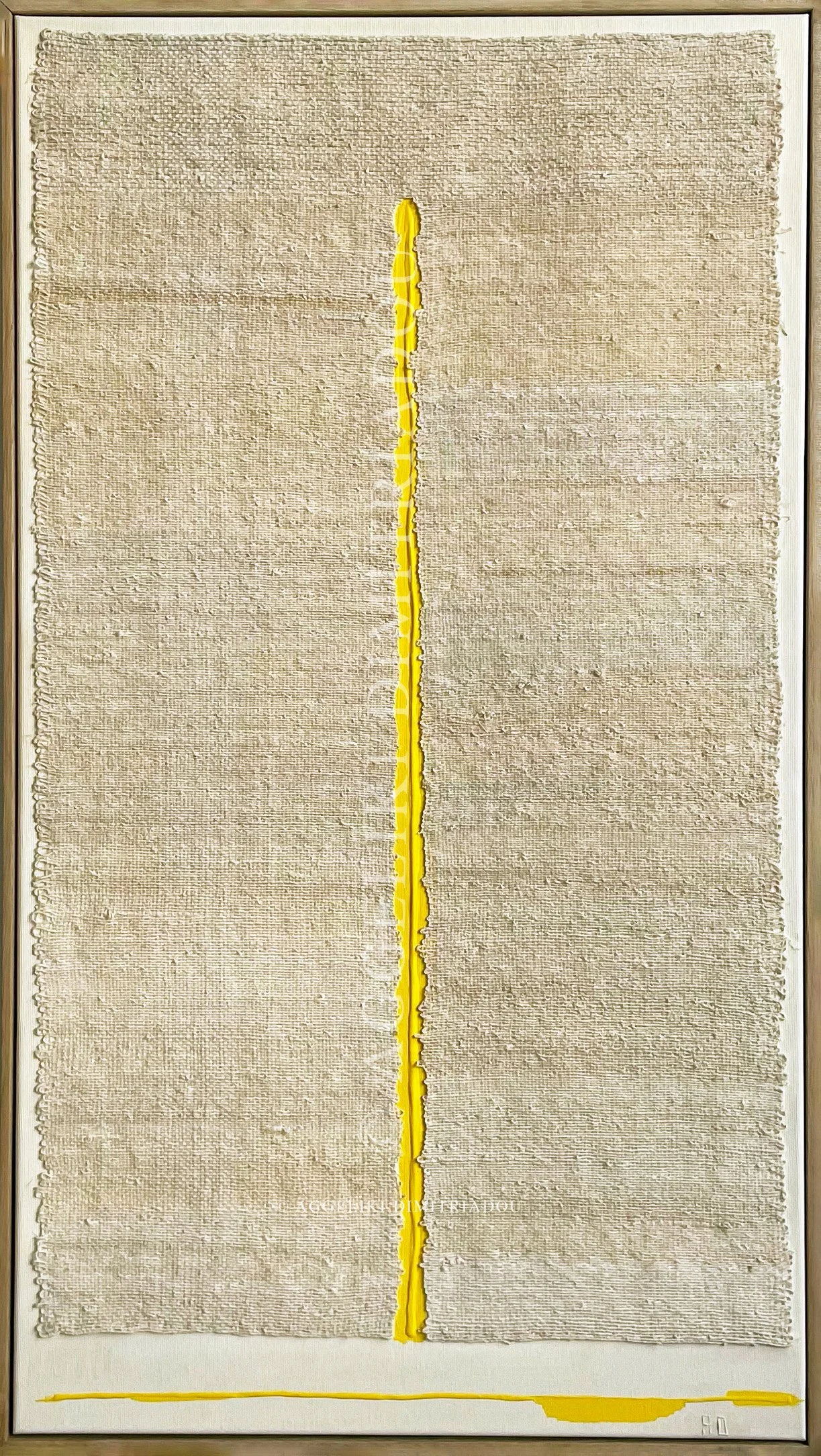 Gap VI by Aggeliki Dimitriadou. Hand-woven hemp weaving on canvas with yellow acrylic accents. Features a raw vertical opening and a minimalist horizontal color line at the base.