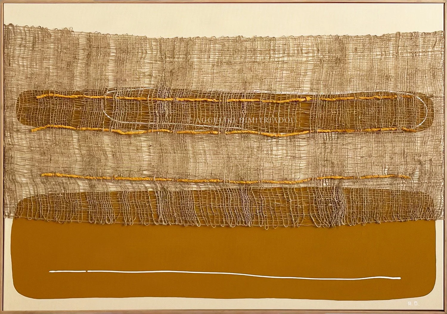 Thira Series 2, No. 5 by Aggeliki Dimitriadou. Hemp and silk weaving on canvas. A clean vertical opening reveals the vibrant ochre underlayer.