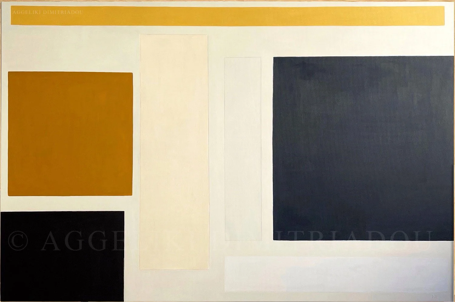 Abstract geometric painting titled Fragments VI by Aggeliki Dimitriadou, featuring a bold composition of rectangular forms on a beige background. The palette consists of warm, earthy tones including deep blue, yellow ochre, beige and mustard yellow.