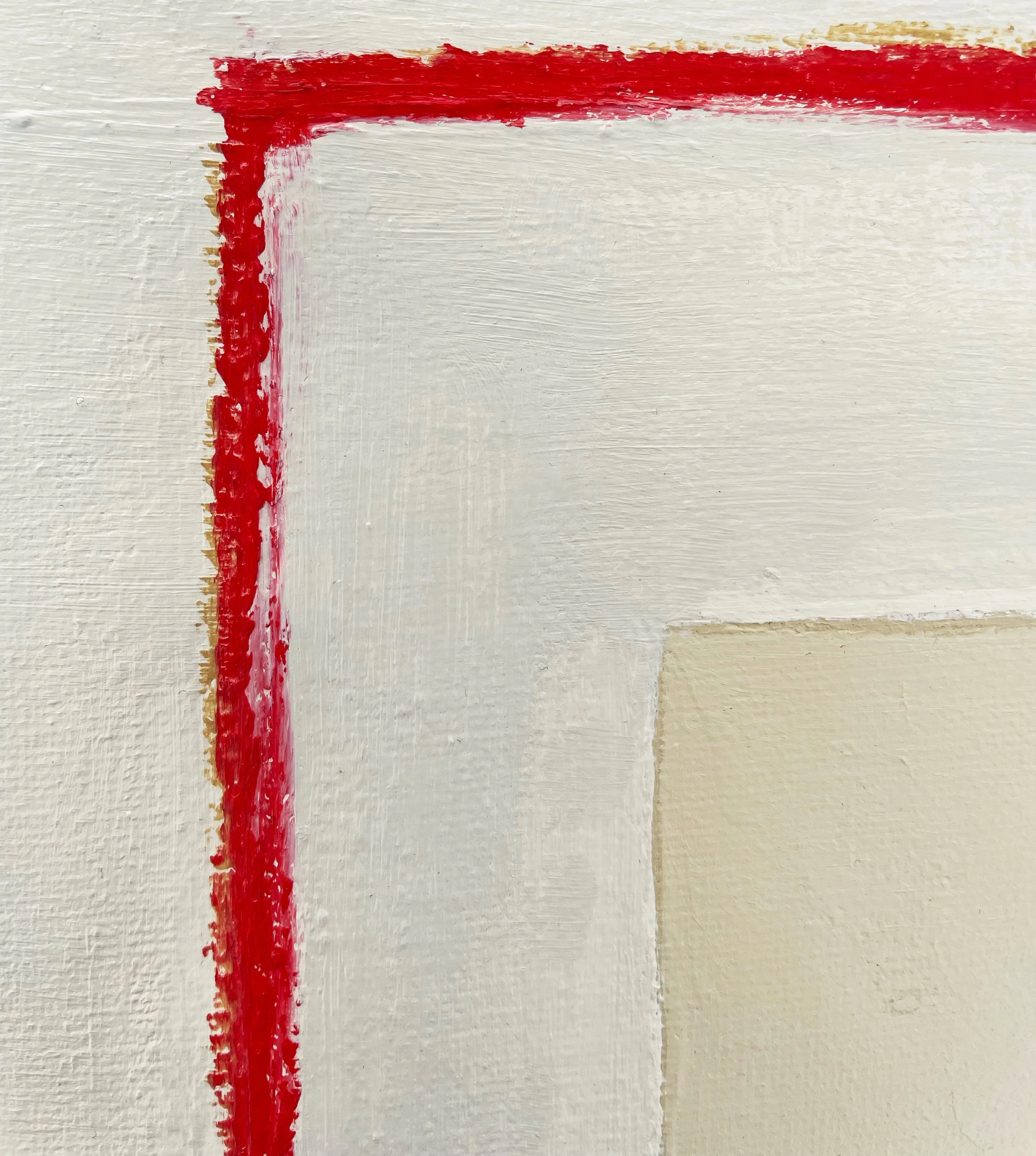 Macro detail of an abstract painting by Aggeliki Dimitriadou, showing thick white brushstrokes and a vibrant red linear border on a textured cream background.