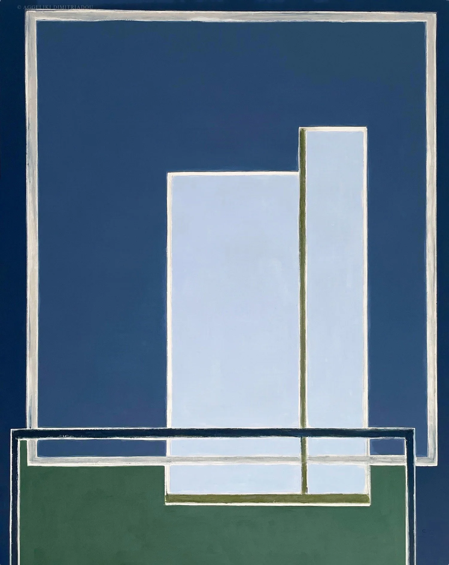 Minimalist abstract painting 'Afternoon scene' by Aggeliki Dimitriadou. Features light blue rectangular forms overlapping a deep blue background and a green base, framed by thin geometric lines.