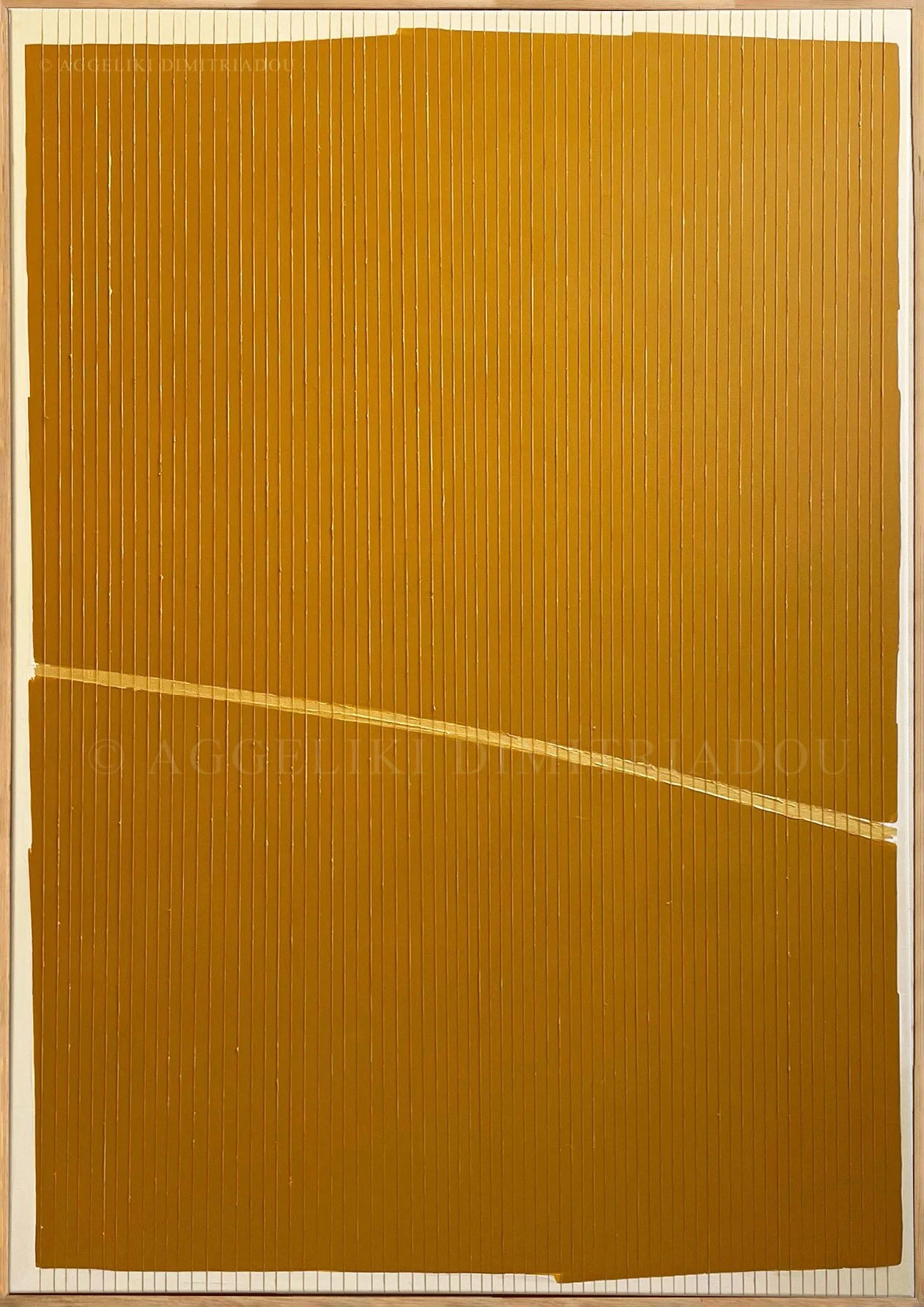 Mixed media painting "Dialogues VI" (2023) by Aggeliki Dimitriadou. A bold vertical composition featuring a solid gold acrylic column alongside parallel natural linen yarns, set against a dark earthy brown background on a 70x100 cm canvas.