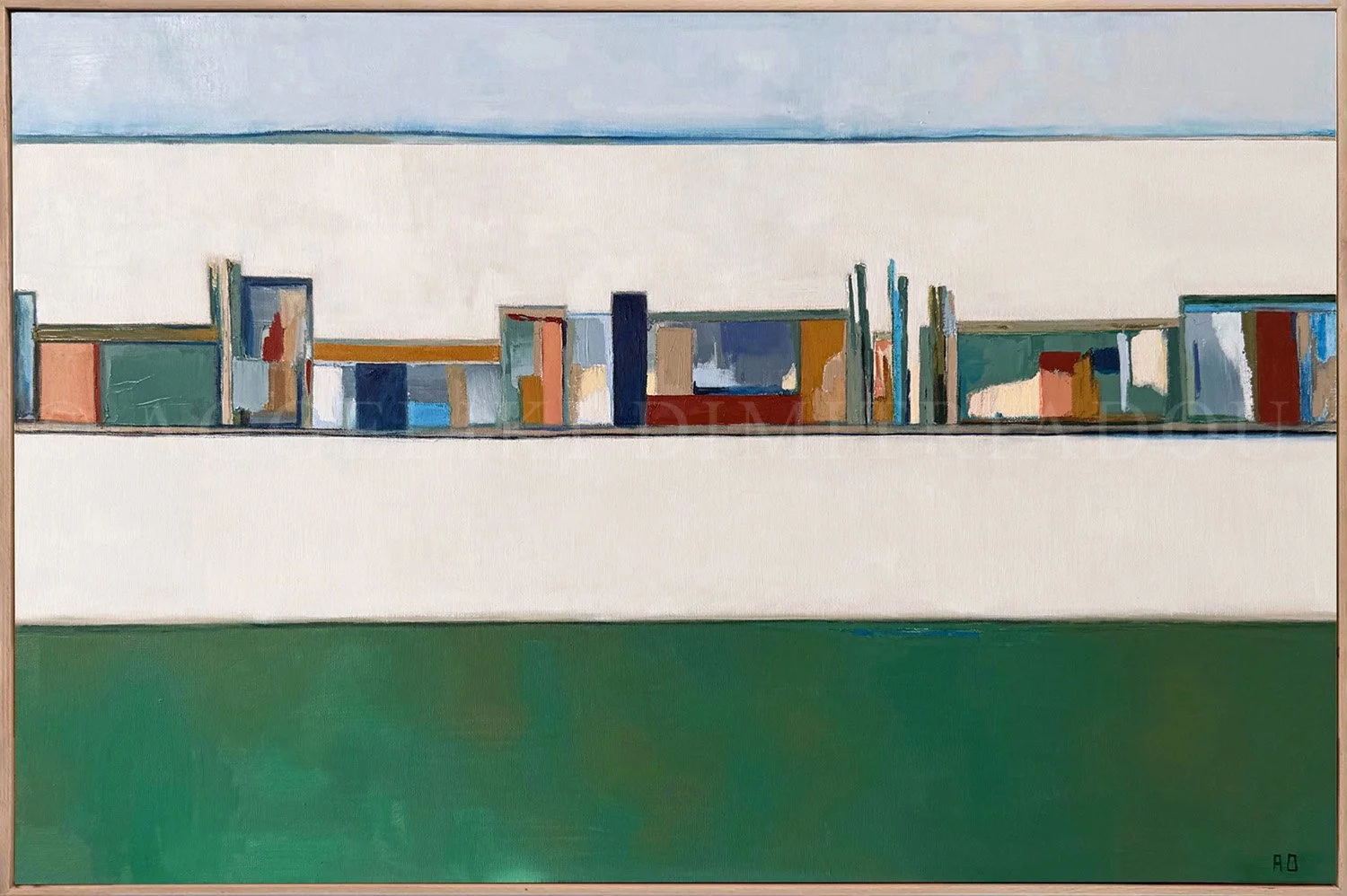 Abstract mixed media painting Floating City from the Venice Collection by Aggeliki Dimitriadou, utilizing acrylics, oil, and dry pastels on canvas to explore architectural forms.