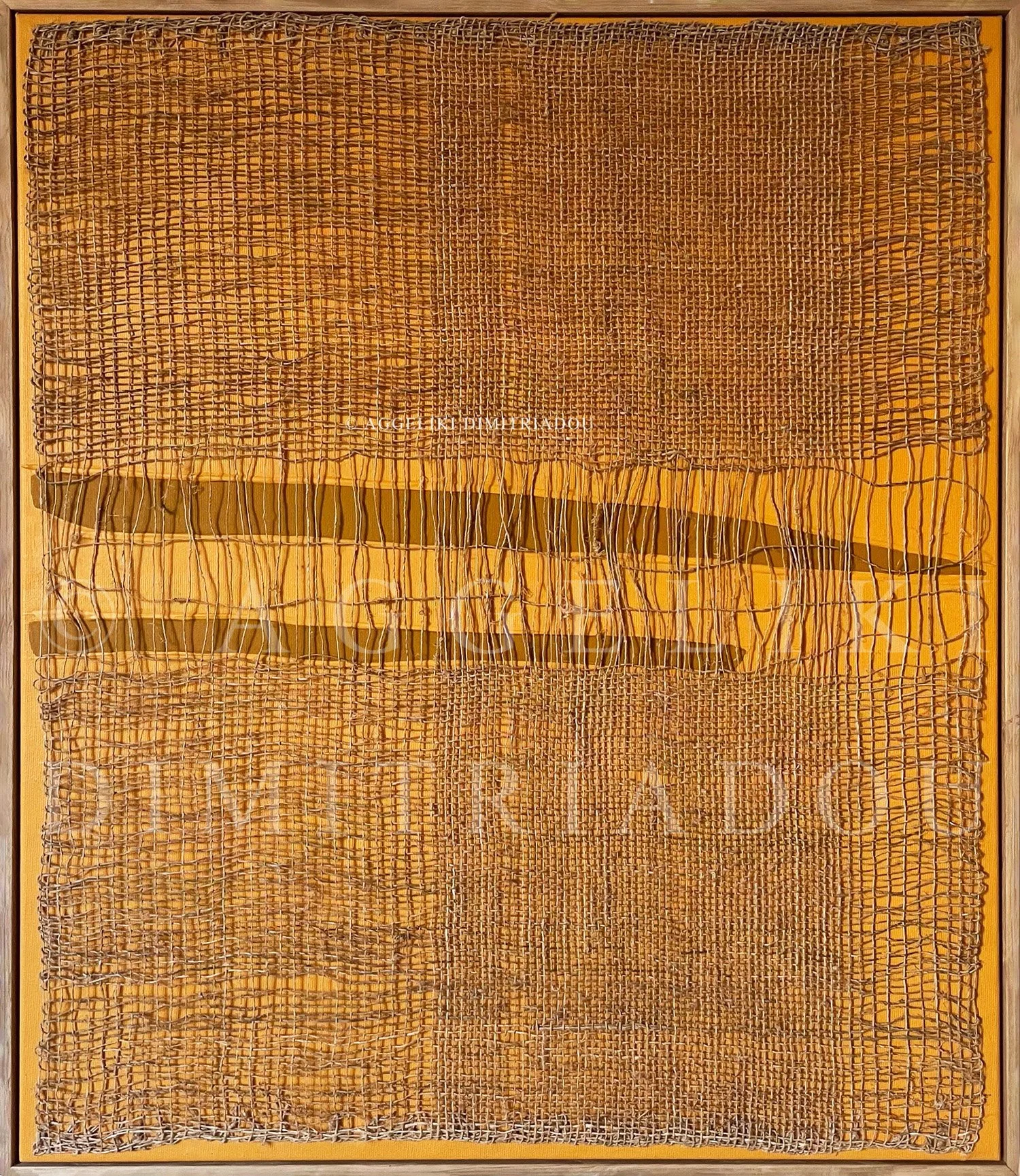 Layers IV (2021) by Aggeliki Dimitriadou. Natural hemp weaving over a vibrant yellow acrylic background. Minimalist fiber art exploring organic texture and monochrome fields.