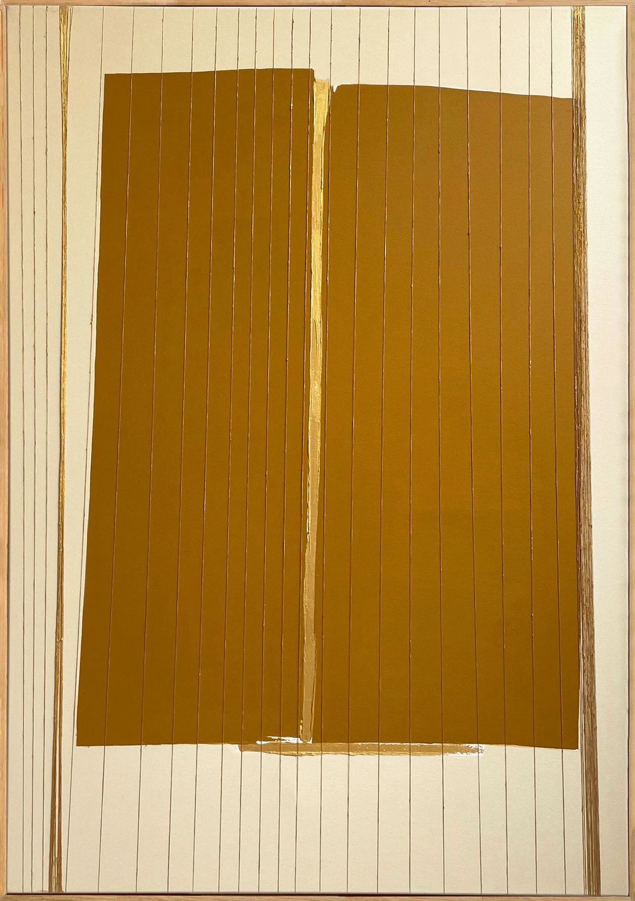 Mixed media painting "Dialogues III" (2023) by Aggeliki Dimitriadou. A large central area of gold acrylic paint is crossed by horizontal lines of natural linen yarn, framed by deep brown and beige tones on a 70x100 cm canvas.