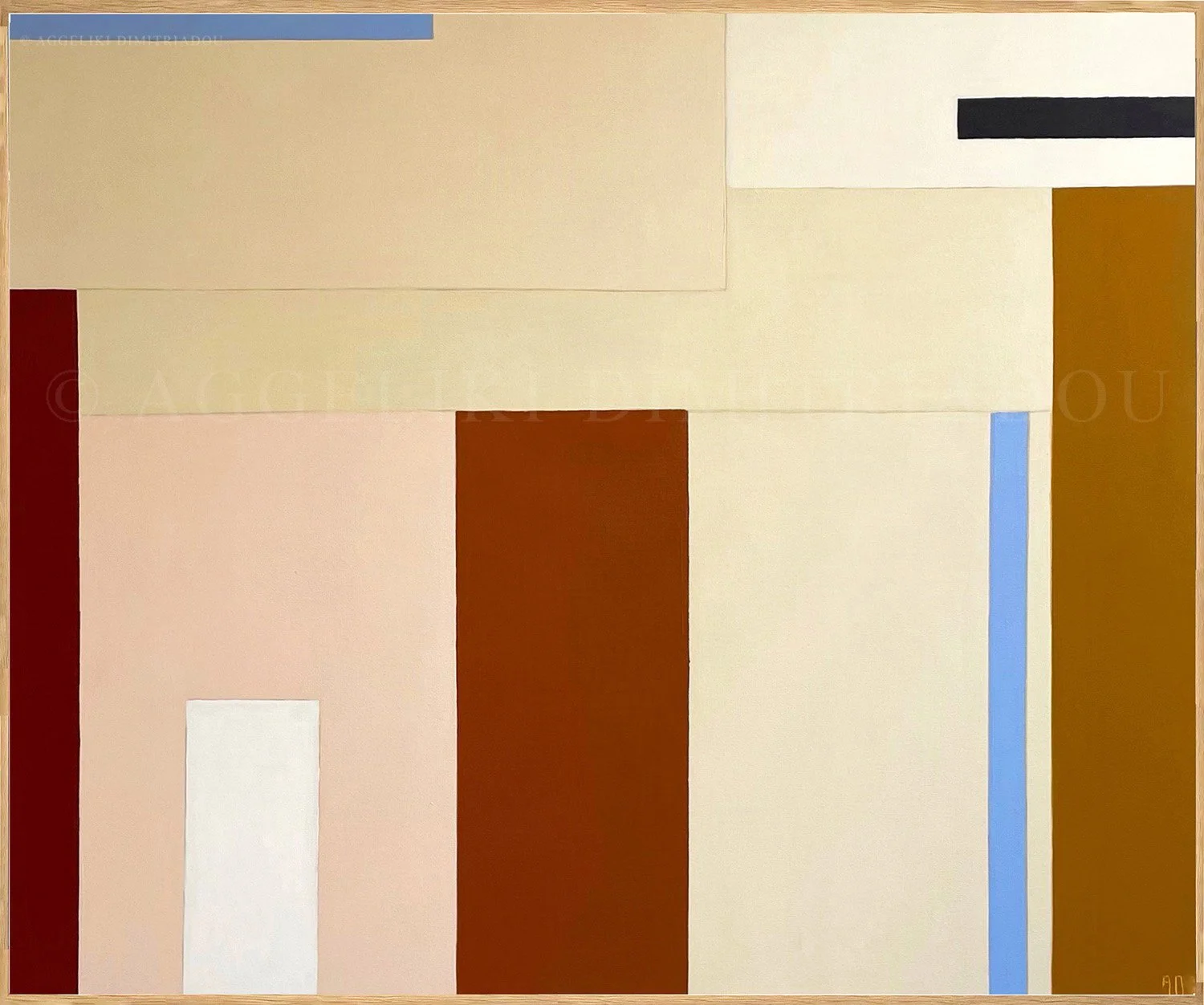 Abstract geometric painting titled Fragments II by Aggeliki Dimitriadou, featuring a textured canvas surface in a wooden floating frame. The composition uses a sophisticated color blocking technique with rectangles in muted beige, salmon pink.