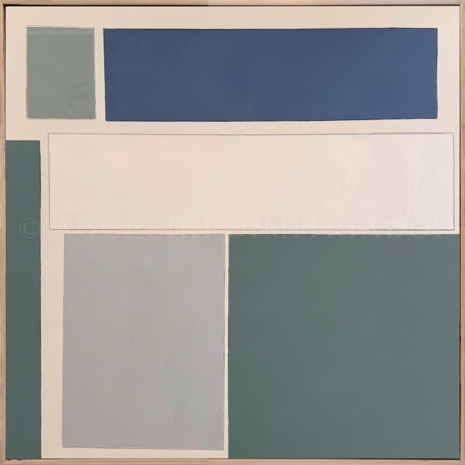 Abstract geometric painting titled Fragments VIII by Aggeliki Dimitriadou, featuring a bold composition of rectangular forms on a beige background. The palette consists of green tones including blue, light beige and grey.