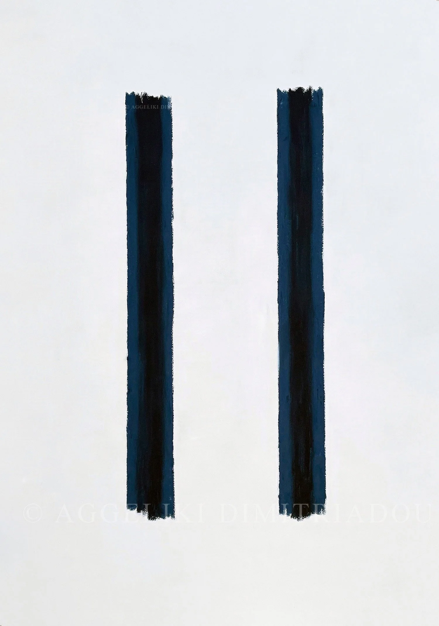 Abstract painting titled 'Couple on the Beach' by Aggeliki Dimitriadou, depicting two highly stylized minimal figures lounging near block colors of blue.
