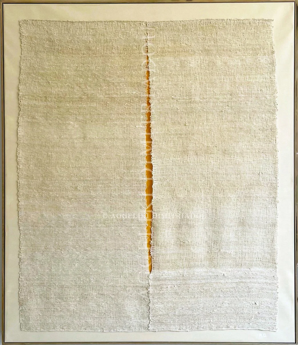 Gap painting by Aggeliki Dimitriadou featuring acrylics and hand loomed weaving on canvas.