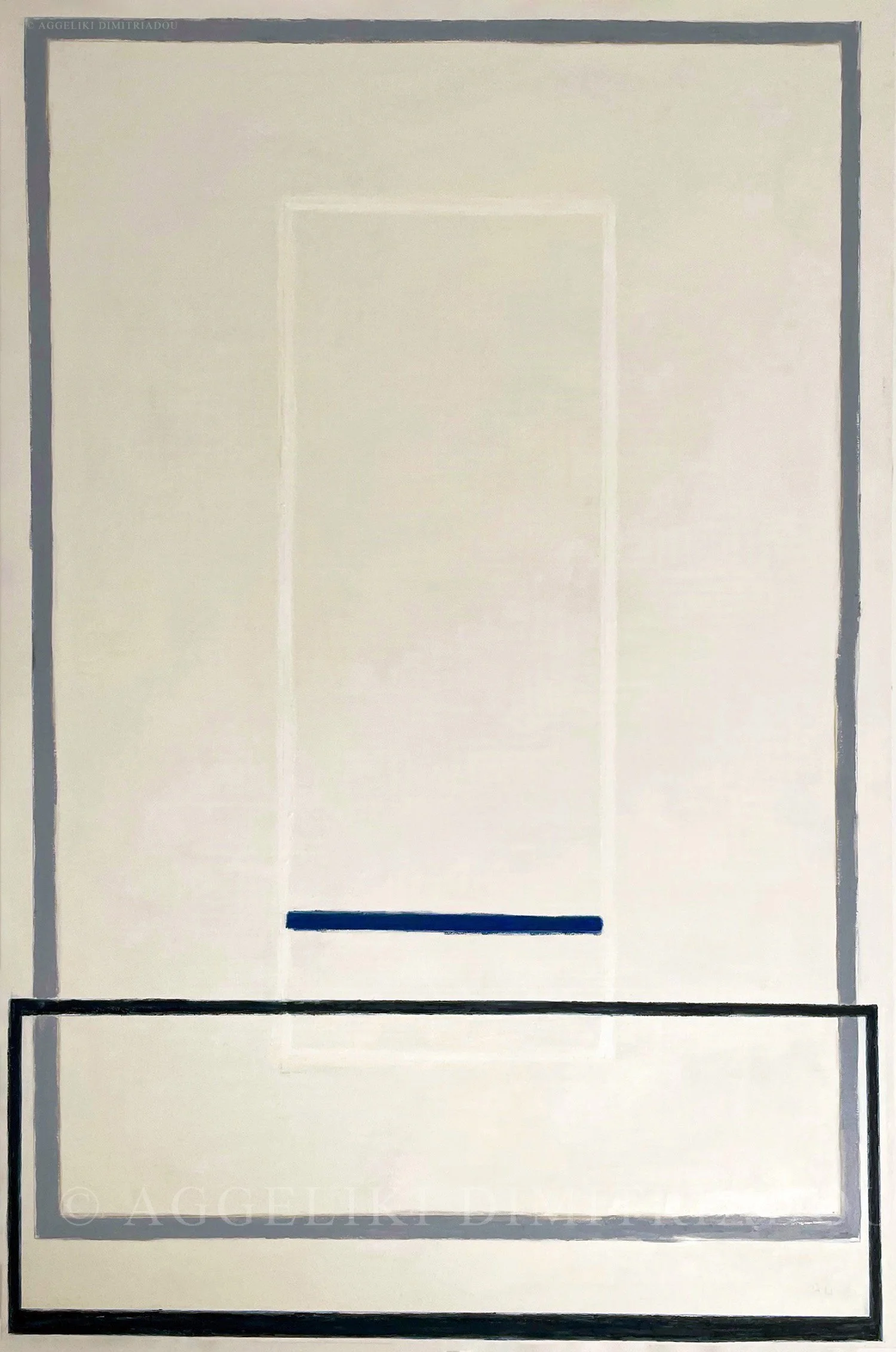 Minimalist abstract painting titled 'A Window to the Sea' by Aggeliki Dimitriadou, showing a sandy-toned architectural window framing a calm blue sea horizon.
