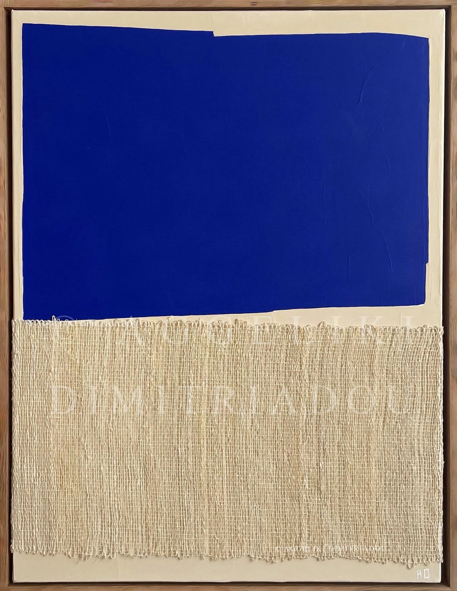 Mixed media abstract painting from the "Polymorphism" series by Aggeliki Dimitriadou. Features an ultramarine blue acrylic color field contrasted with one layer of hand-woven natural hemp weaving on canvas.