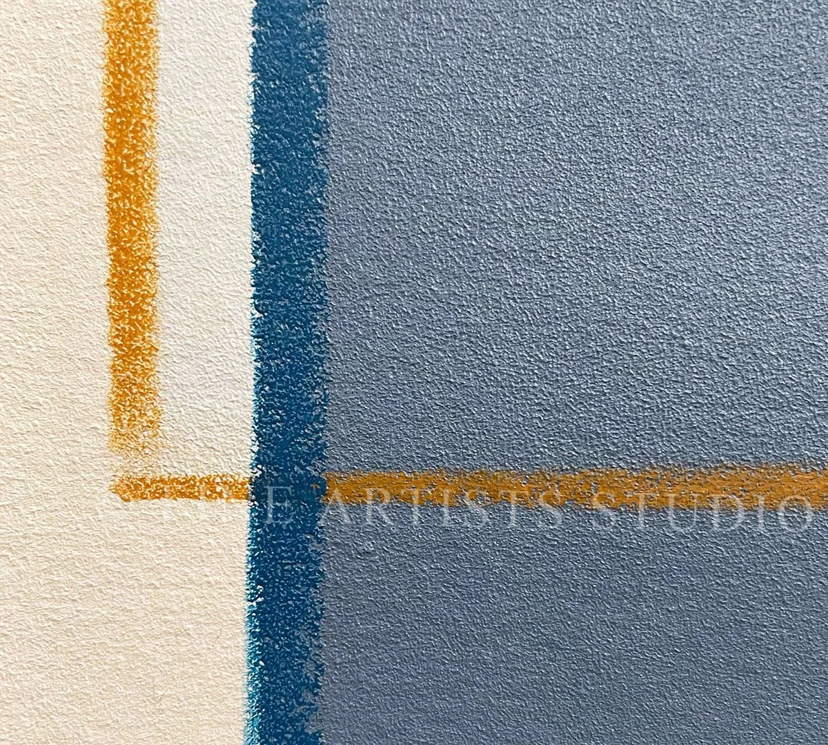 Minimalist handmade artwork titled "Traces Blue" by Aggeliki Dimitriadou, featuring a solid blue color block and a fine yellow line painted with oil pastels using a hand-cut stencil.