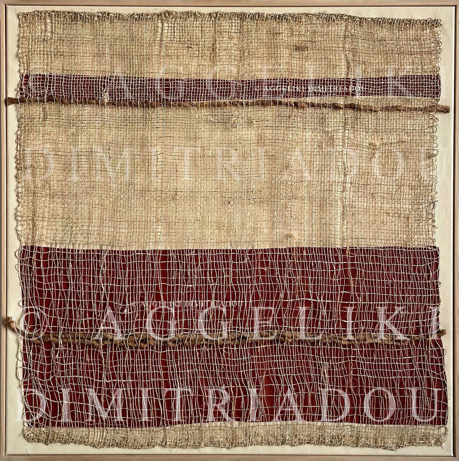 Original mixed media artwork "Layers III" (2021) by Aggeliki Dimitriadou. The piece features a hand-loomed nettle weaving with horizontal bands of hand-spun wild silk yarns over a terracotta red acrylic background.
