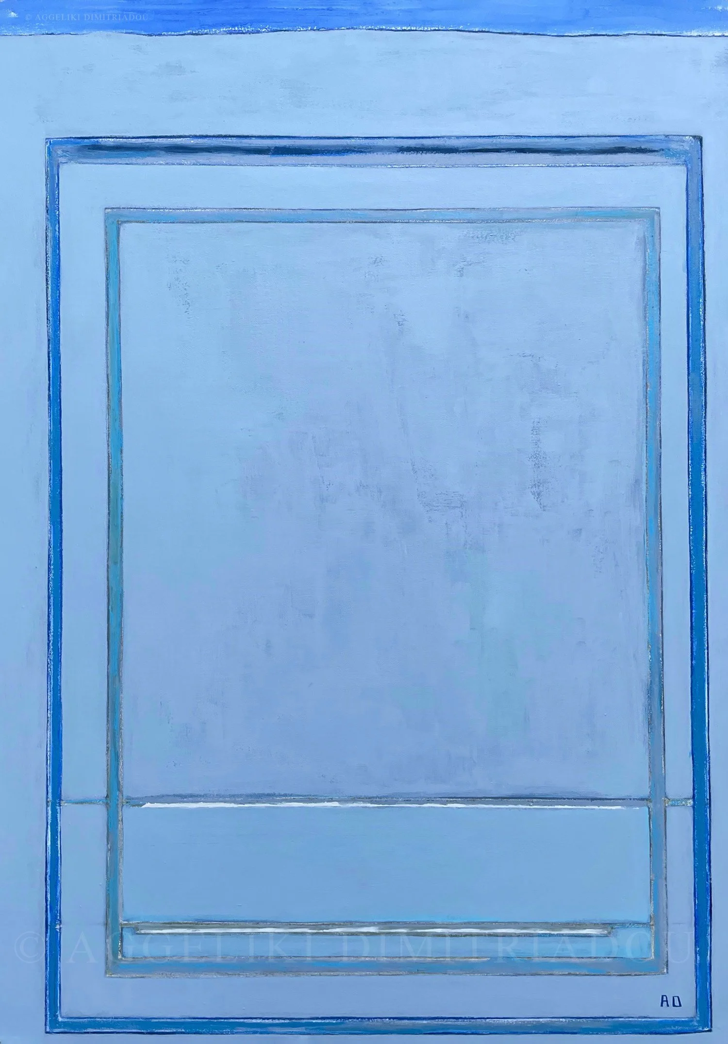 Geometric abstract painting titled 'An Open Window' by Aggeliki Dimitriadou, featuring structured blocks of blue shades framing a central opening.